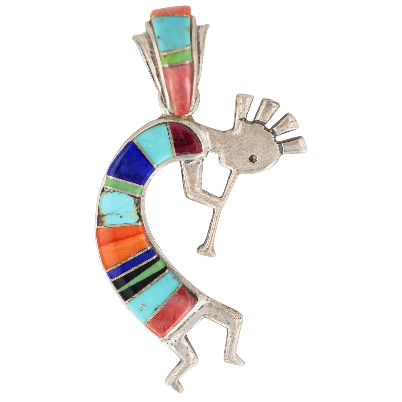 Touch of Santa Fe Multistone Inlay Kokopelli Pendant: Artist Signed (unable to decipher, faded) & Touch of Santa Fe Sterling Multistone (turquoise, lapis lazuli, spiny oyster, jet, gaspeite) Inlay Kokopelli Pendant - 8.5g