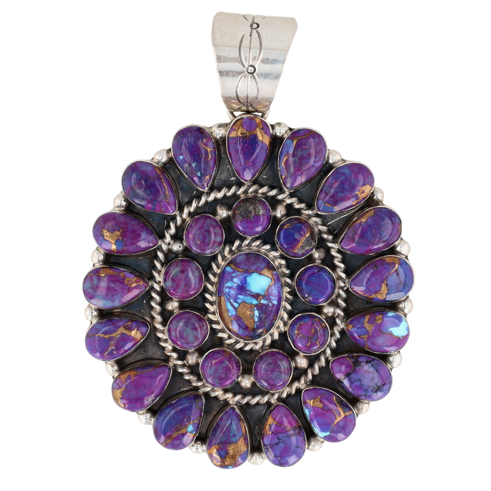 Kay Yazzie Navajo Purple Mohave Turquoise Cluster Pendant: Kay Yazzie Navajo Sterling Purple Mohave Turquoise Cluster Pendant - 35.5g! - approx. 3" tall (including bail), approx. 2.1" diameter across - Retailed at $600