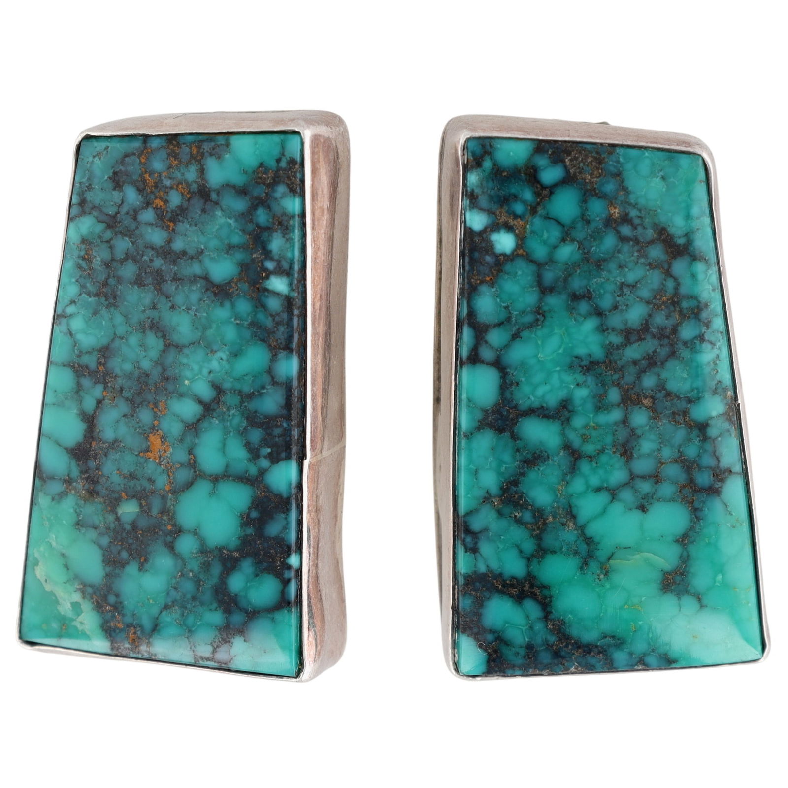 Signed Tommy Navajo Spiderweb Turquoise Bar Earrings: Signed Tommy Navajo Sterling Spiderweb Turquoise Bar Earrings - 15g
