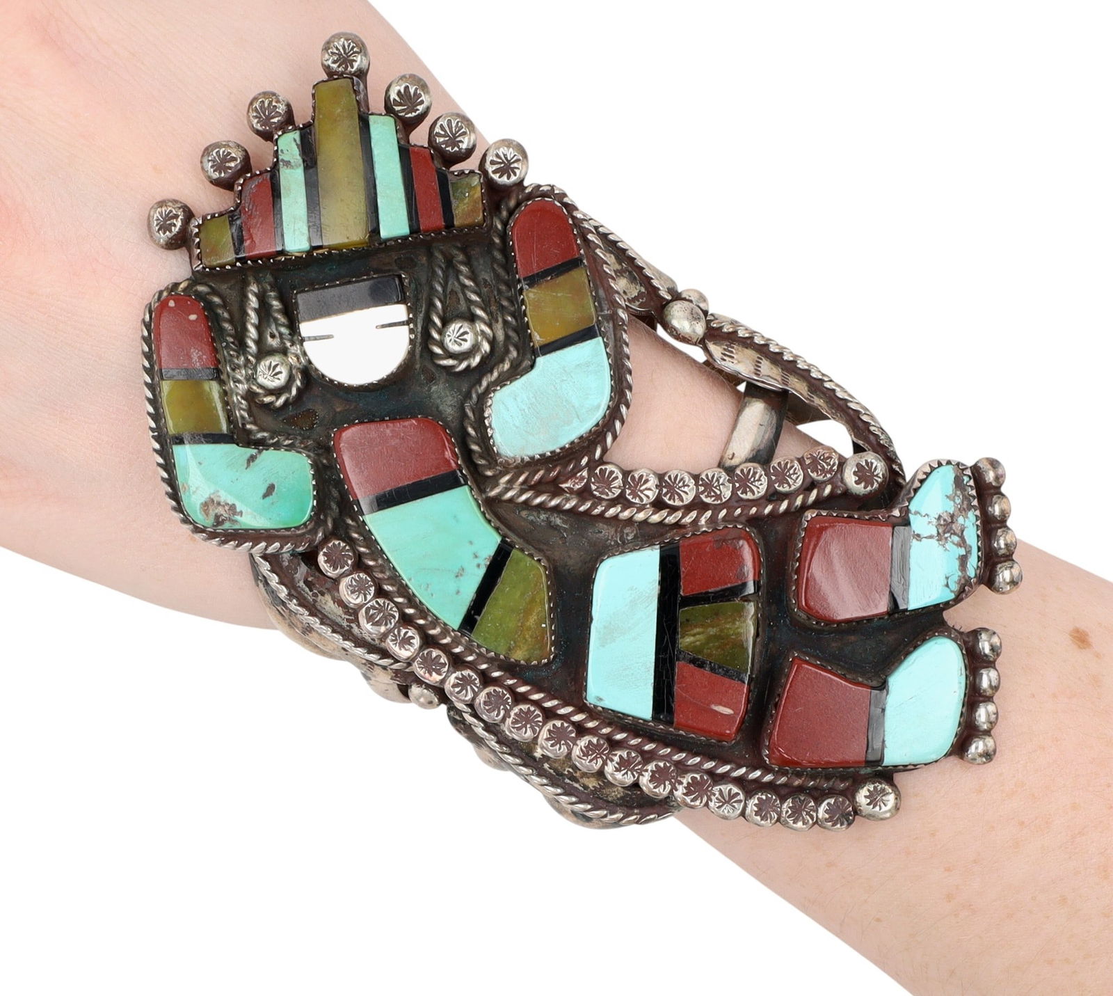 HUGE Vintage Zuni Rainbow Man Inlay Cuff Bracelet: HUGE Vintage Zuni Sterling Multistone (Turquoise, Pipestone, Serpentine, Mother of Pearl, Jet) Inlay Rainbow Man Cuff Bracelet | Weight: 143.3g - Rainbow Man Measures 4.65" tall! | Here we have an abs
