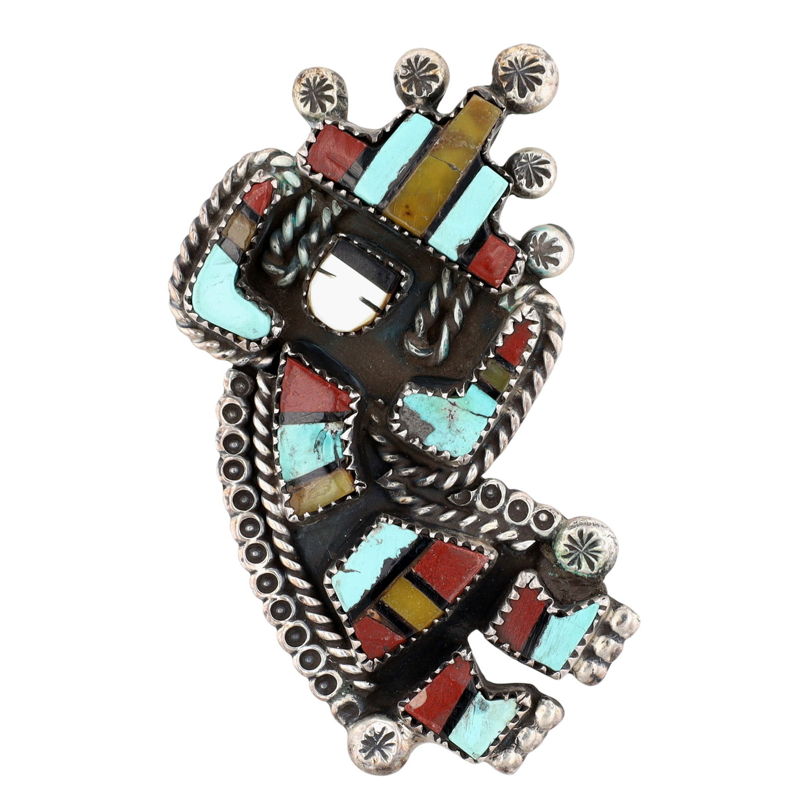 BIG Vintage Zuni Rainbow Man Inlay Ring Sz 6.25: BIG Vintage Zuni Sterling Multistone (Turquoise, Pipestone, Serpentine, Mother of Pearl, Jet) Inlay Rainbow Man Ring Sz 6.25 | Weight: 24.4g - Rainbow Man Measures approx. 2.5" tall | Here we have an