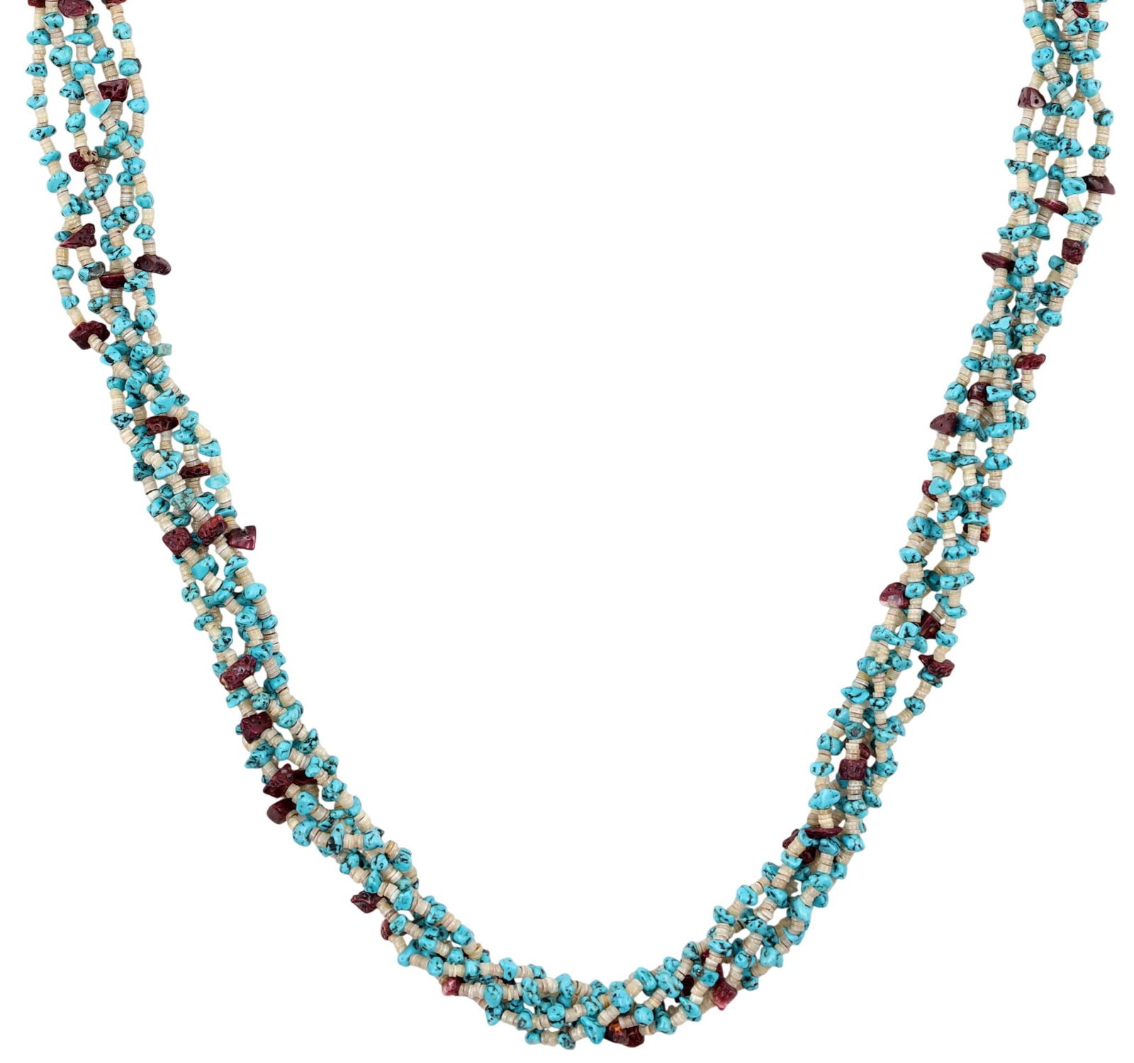 Vintage Santo Domingo Turquoise and Purple Spiny Oyster Heishi Necklace: Vintage Santo Domingo Kewa Turquoise, Purple Spiny Oyster, and Shell 5-Strand Heishi Necklace - 90g - approx. 32.5" from end to end