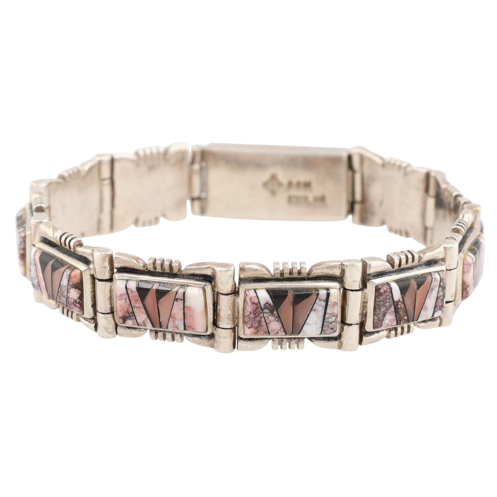 BG Mudd Shop Multistone Inlay Link Bracelet: BG Mudd Shop Sterling Silver Multistone (Wild Horse Magnesite, Shell, Onyx/Jet?) Inlay Link Bracelet - 33.6g