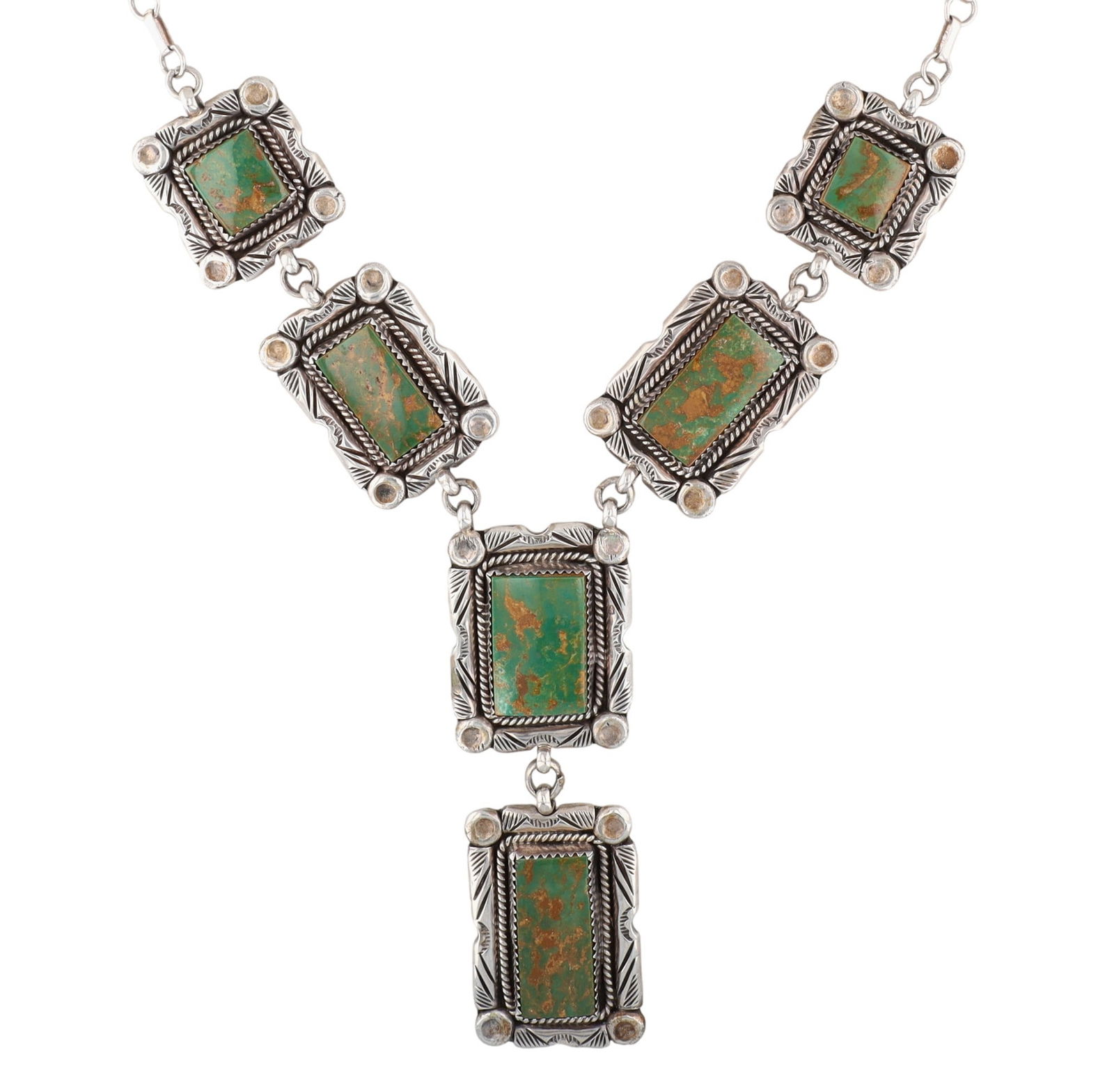 Vincent & Nita Edsitty Navajo Royston Turquoise Necklace: Vincent & Nita Edsitty Navajo Sterling Royston/King's Manassa? Turquoise Stamped Y-Drop Necklace - 87g - approx. 22.5" from end to end, approx. 3.15" drop - Amazing turquoise!