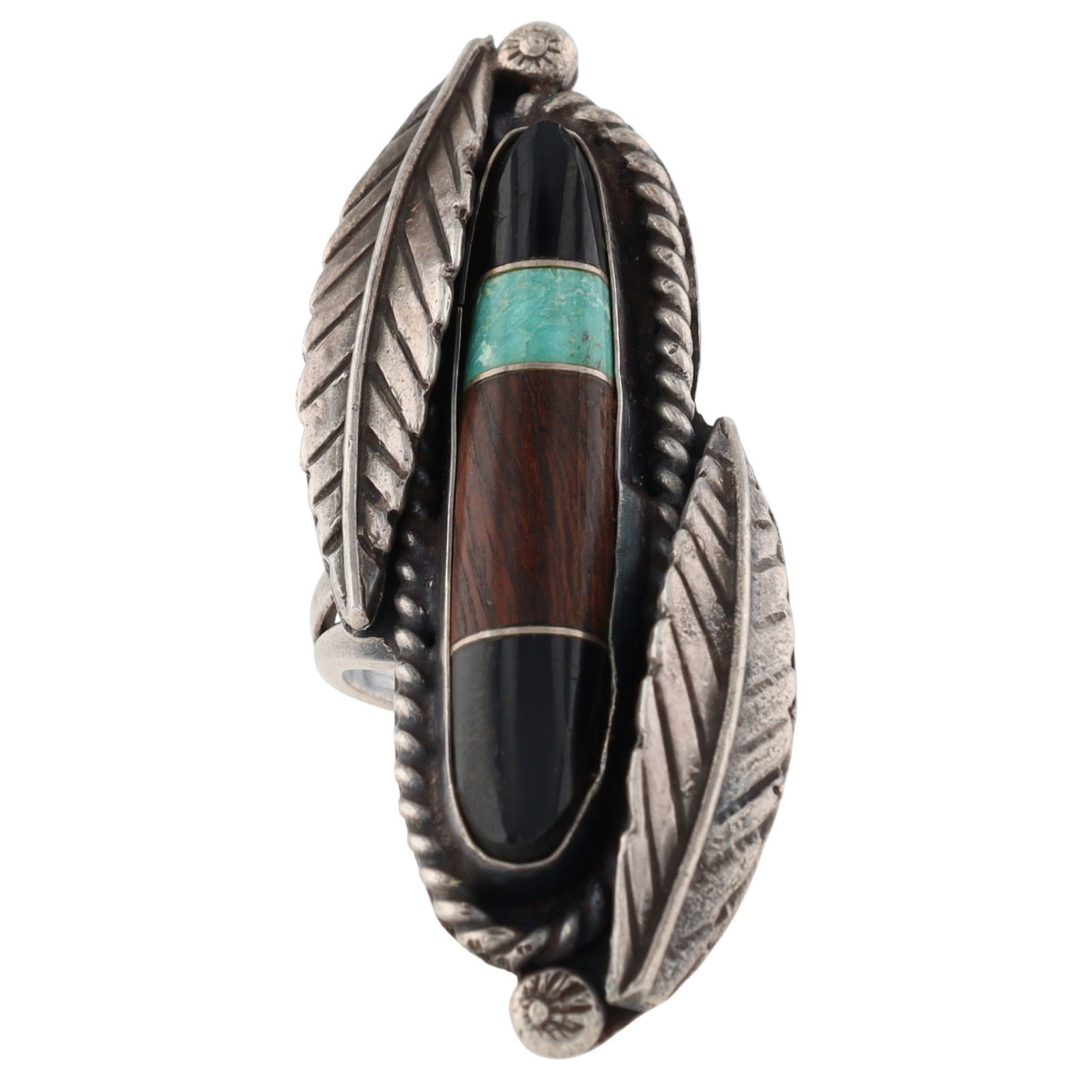 Leonard Burnside Navajo Multistone Inlay Ring Sz 6.5: Vintage Leonard Burnside Navajo Sterling Long Multistone (Turquoise, Wood?, Onyx/Jet) Inlay and Leaf Ring Sz 6.5 - 14.5g - approx. 2.1" long