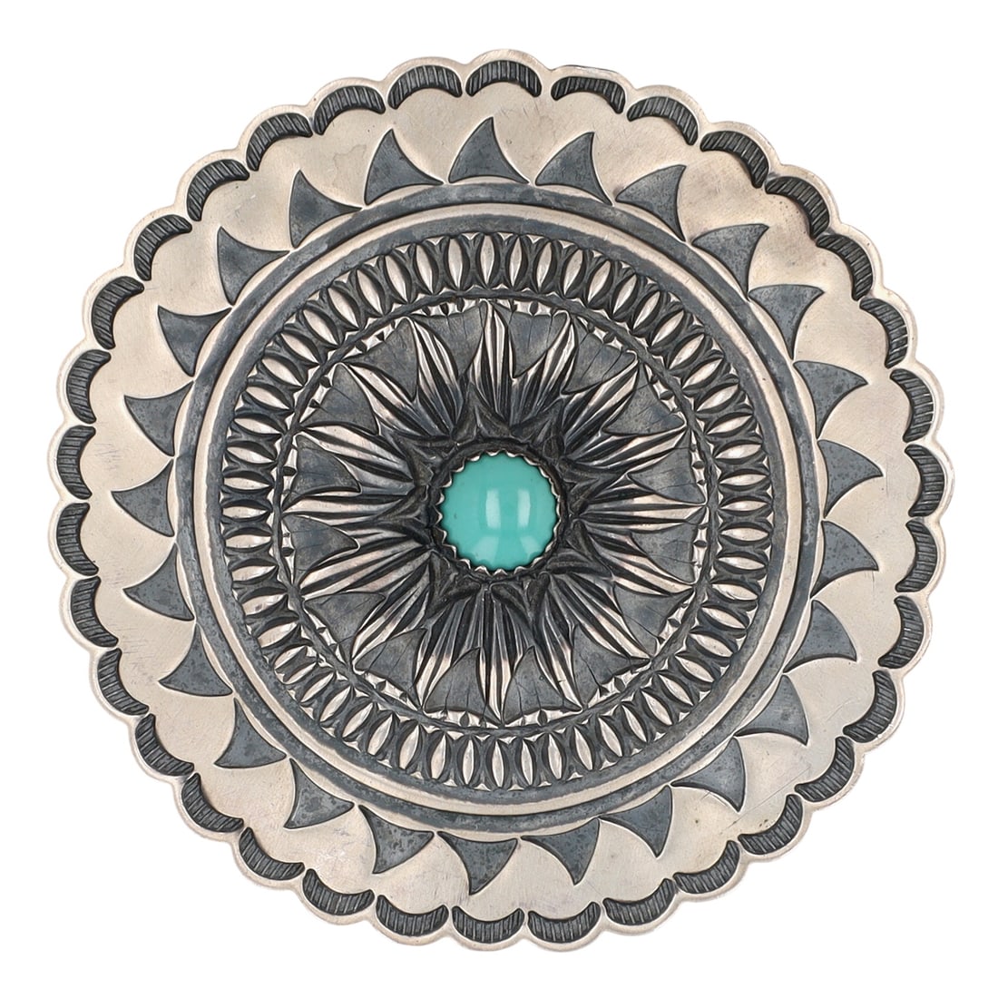 Roland Dixson Navajo Turquoise Hand Stamped Brooch: Beautiful, Large Roland Dixson Navajo Heavy Gauge Sterling Stamped Turquoise Hand Stamped Brooch - 34.6g - approx. 2.43"d