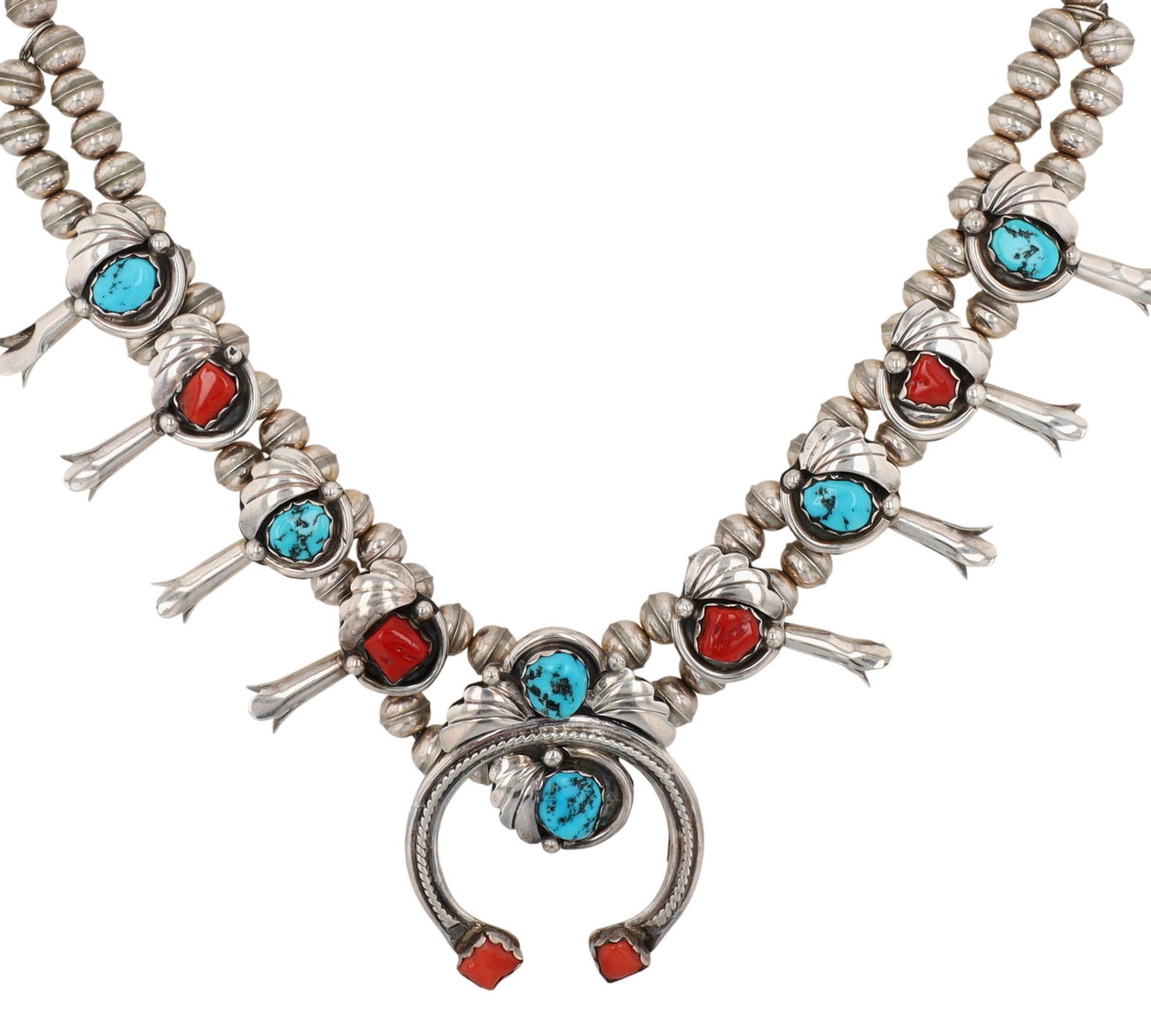 Signed Navajo Turquoise and Coral Squash Blossom Necklace: Signed HE Navajo Sterling Turquoise and Coral Squash Blossom Necklace - 77g - approx. 21" from end to end