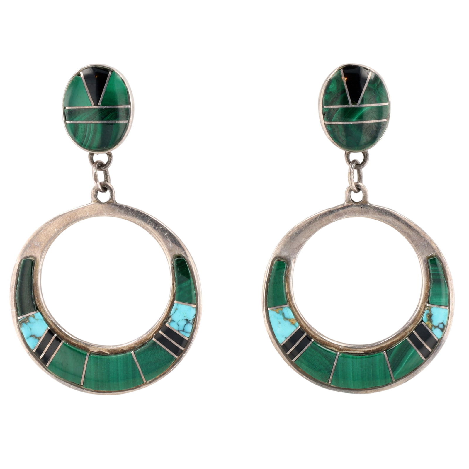 Zuni Multistone Inlay Dangle Hoop Earrings: Zuni (or possibly Navajo) Sterling Multistone (Turquoise, Malachite, Jet/Onyx) Inlay Dangle Hoop Earrings - 12.8g