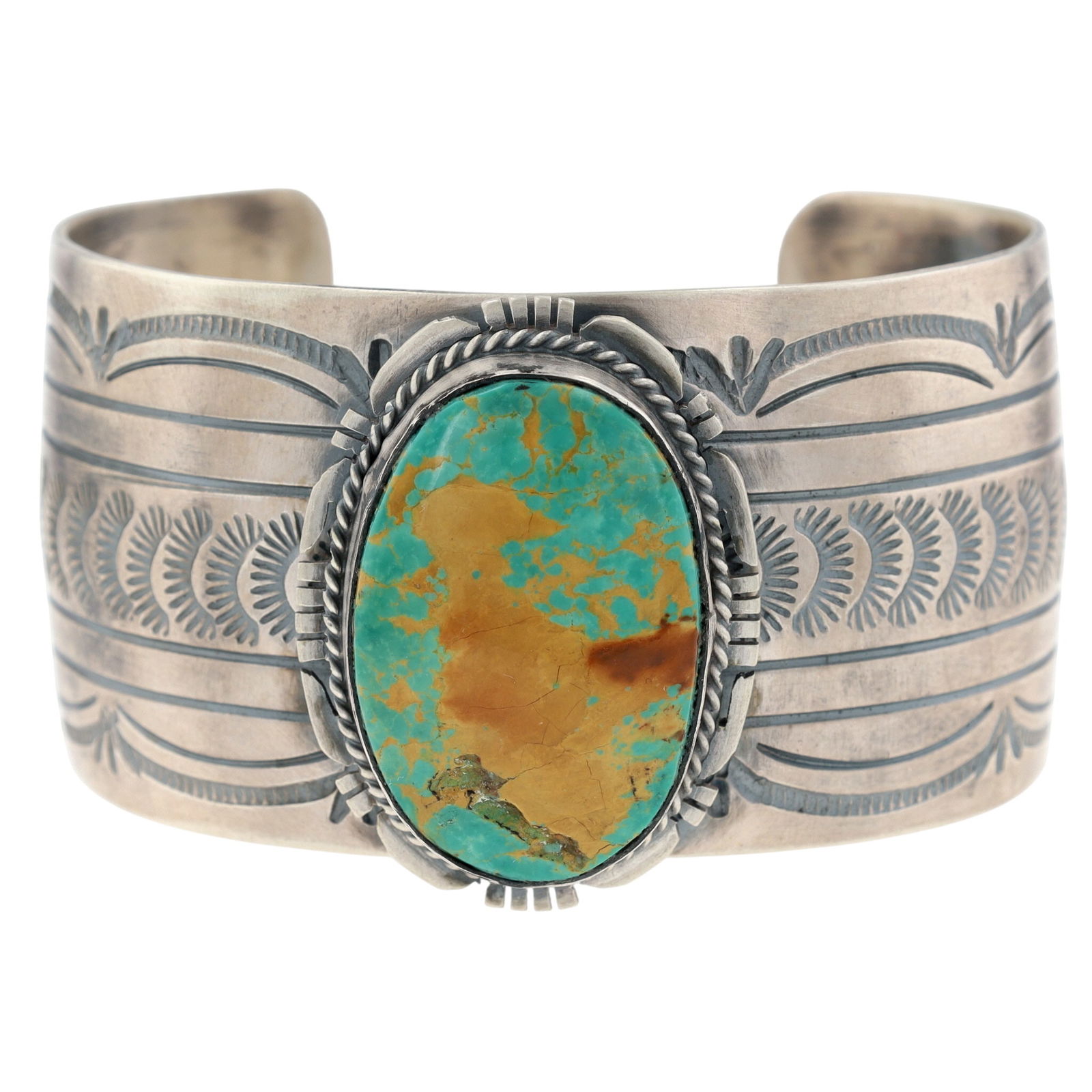 John Nelson Navajo Royston Turquoise Stamped Cuff Bracelet: John Nelson Navajo Sterling Royston Turquoise Wide Stamped Cuff Bracelet - 62.7g - Note: There is an 'imperfection' in the turquoise - unknown if this is a defect or a natural characteristic of the tu