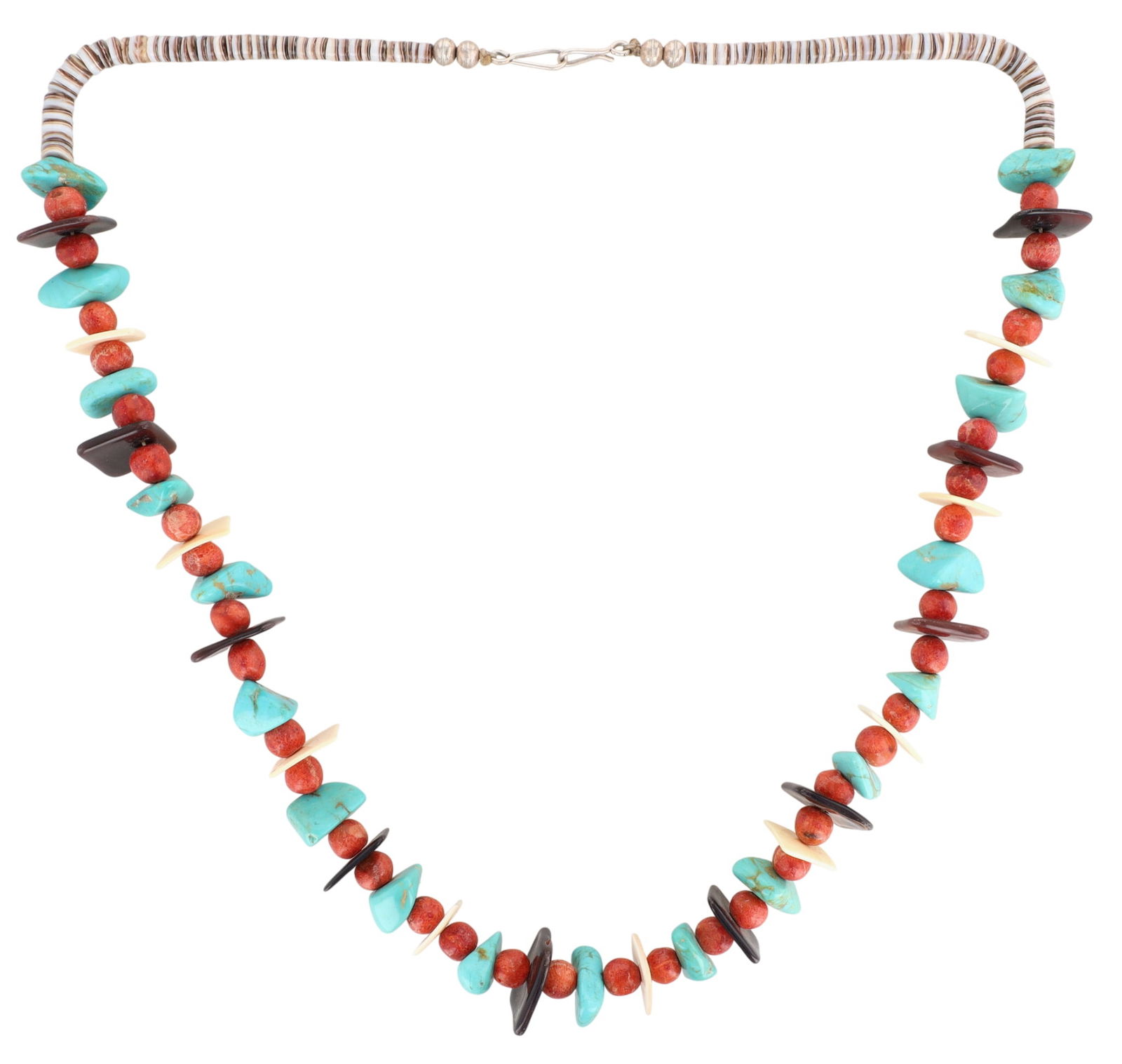 Vintage Santo Domingo Multistone Chiclet Necklace: Vintage Santo Domingo Sterling Multistone (Turquoise, Shell, Coral) Chiclet and Shell Heishi Necklace 58g - approx. 24"