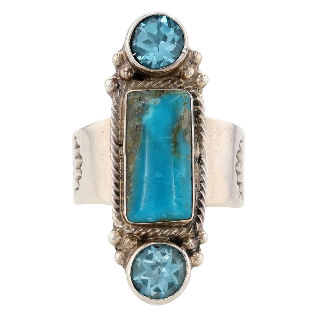 Running Bear Turquoise and Topaz Stamped Ring Sz 10: Running Bear Turquoise and Topaz Stamped Ring Sz 10 - 12g - note: the running bear mark is obscured by the ring band base