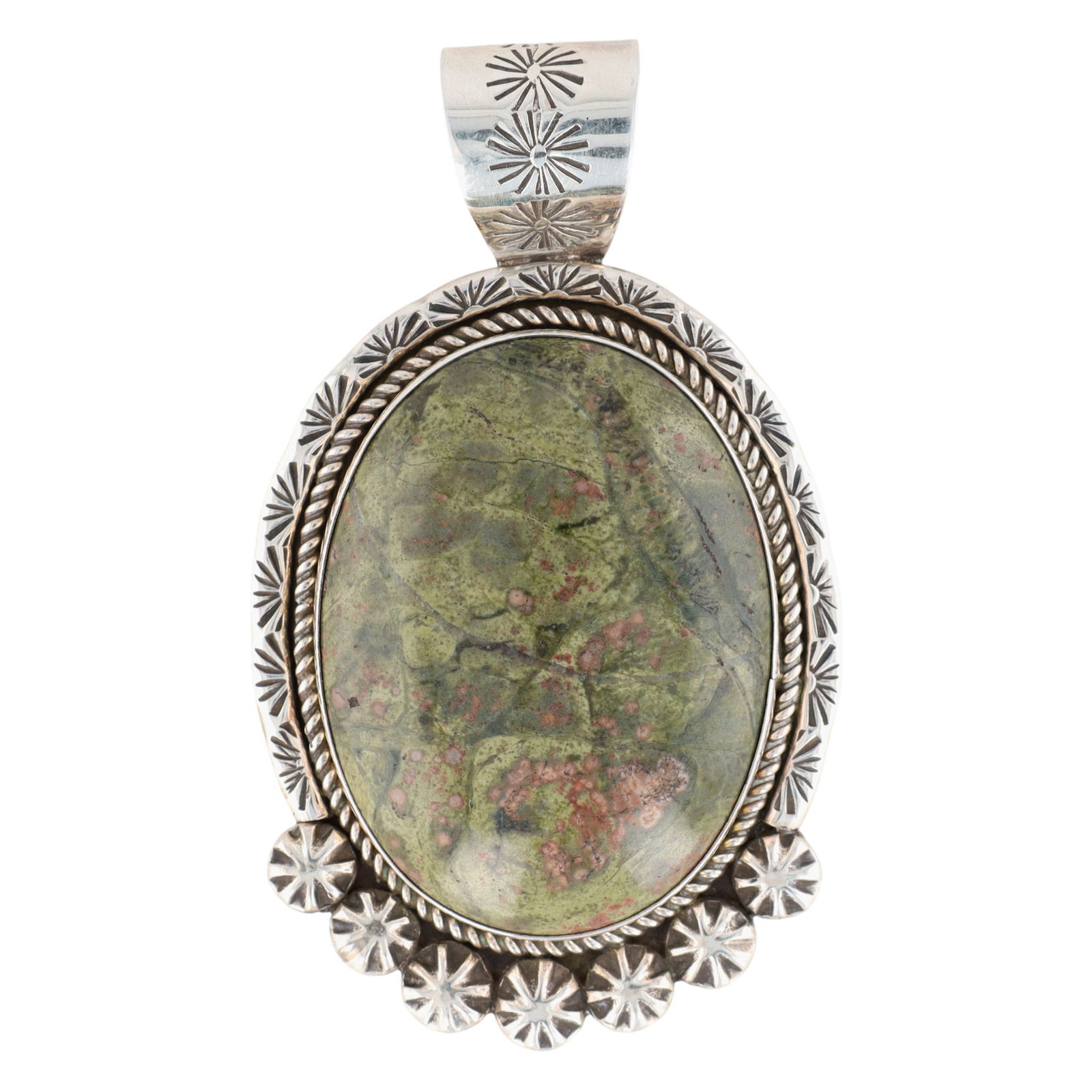 James Martin Navajo Jasper Stamped Pendant: Big! James Martin Navajo Sterling Jasper (or unakite?) Stamped Pendant - 29.6g - approx. 2.65" tall x 1.55" wide