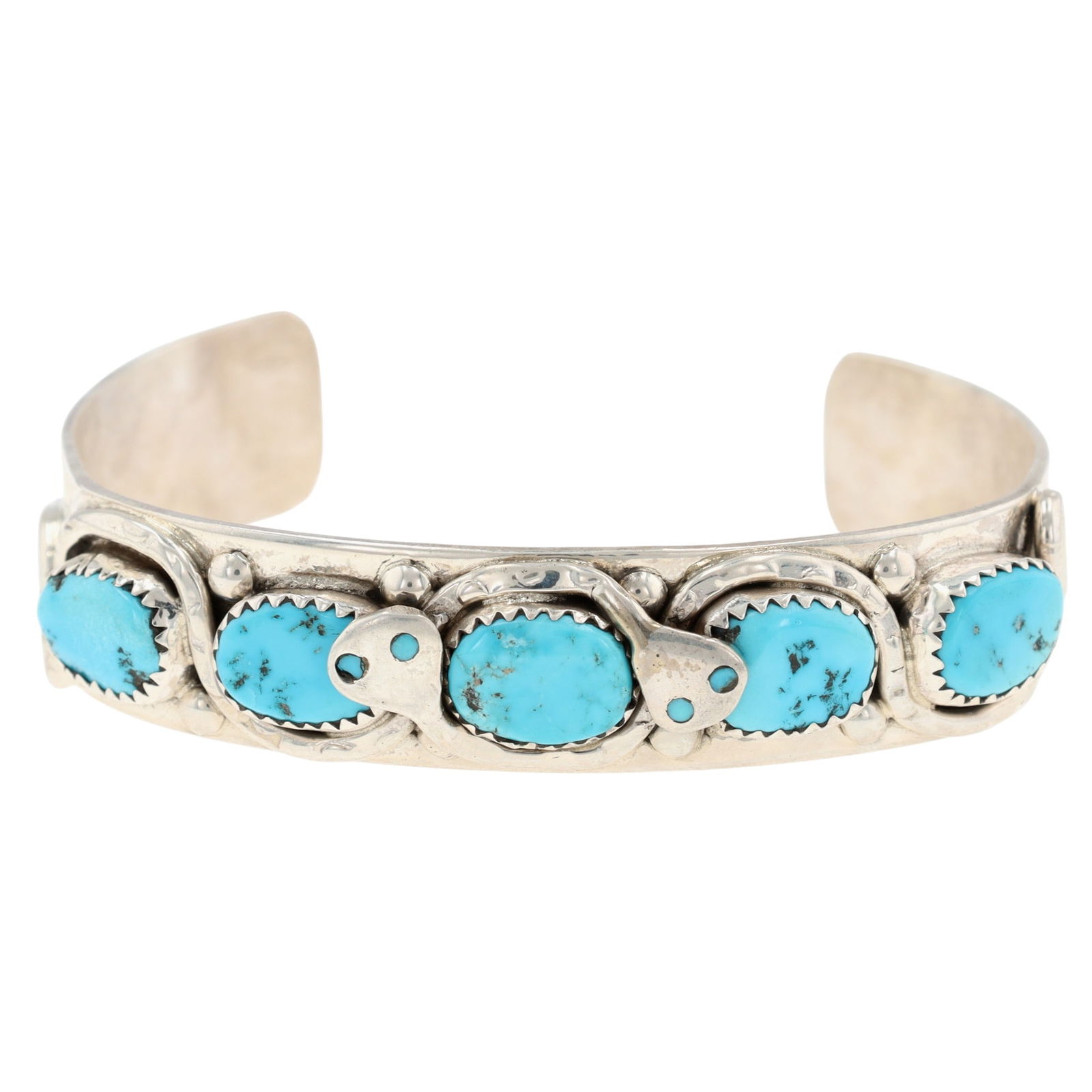 Effie Calavaza Zuni Turquoise and Snake Cuff Bracelet: Effie Calavaza Family Zuni Sterling Turquoise and Snake Cuff 26.8g - 26.8g