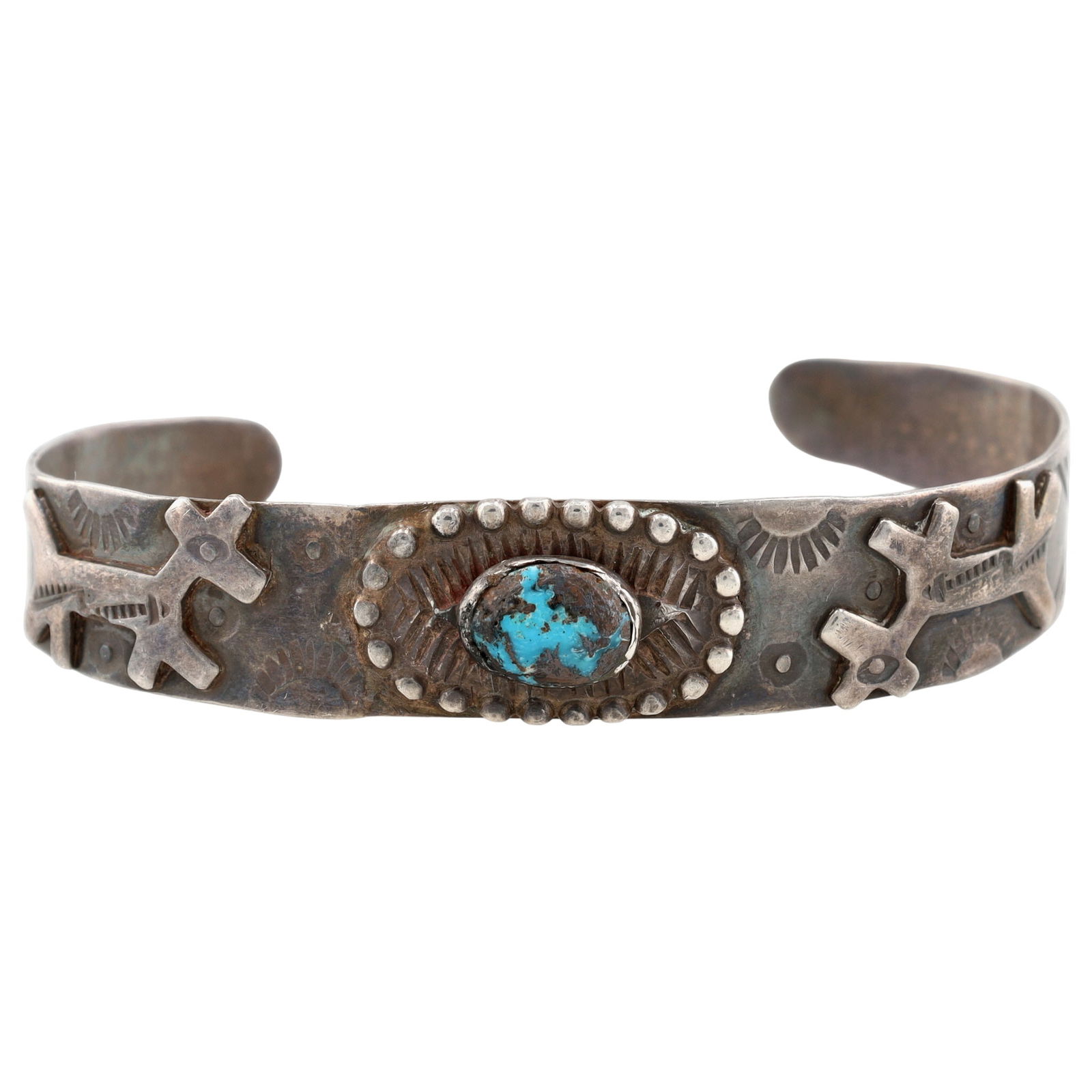 Fred Harvey Era Navajo Turquoise Horse-Dog Cuff Bracelet: Vintage Fred Harvey Era Navajo Sterling Turquoise Horse-Dog Cuff Bracelet - 14.5g