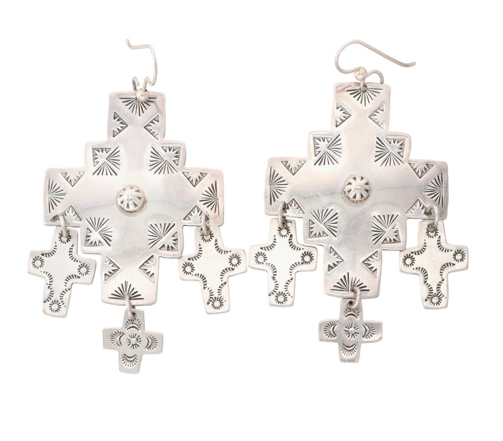 Joan Slifka Large Hand Stamped Dangle Earrings: Joan Slifka Anglo Large Sterling Hand Stamped Dangle Earrings - 24.2g - Approx 2.7" long (including dangles) x 1.7" wide