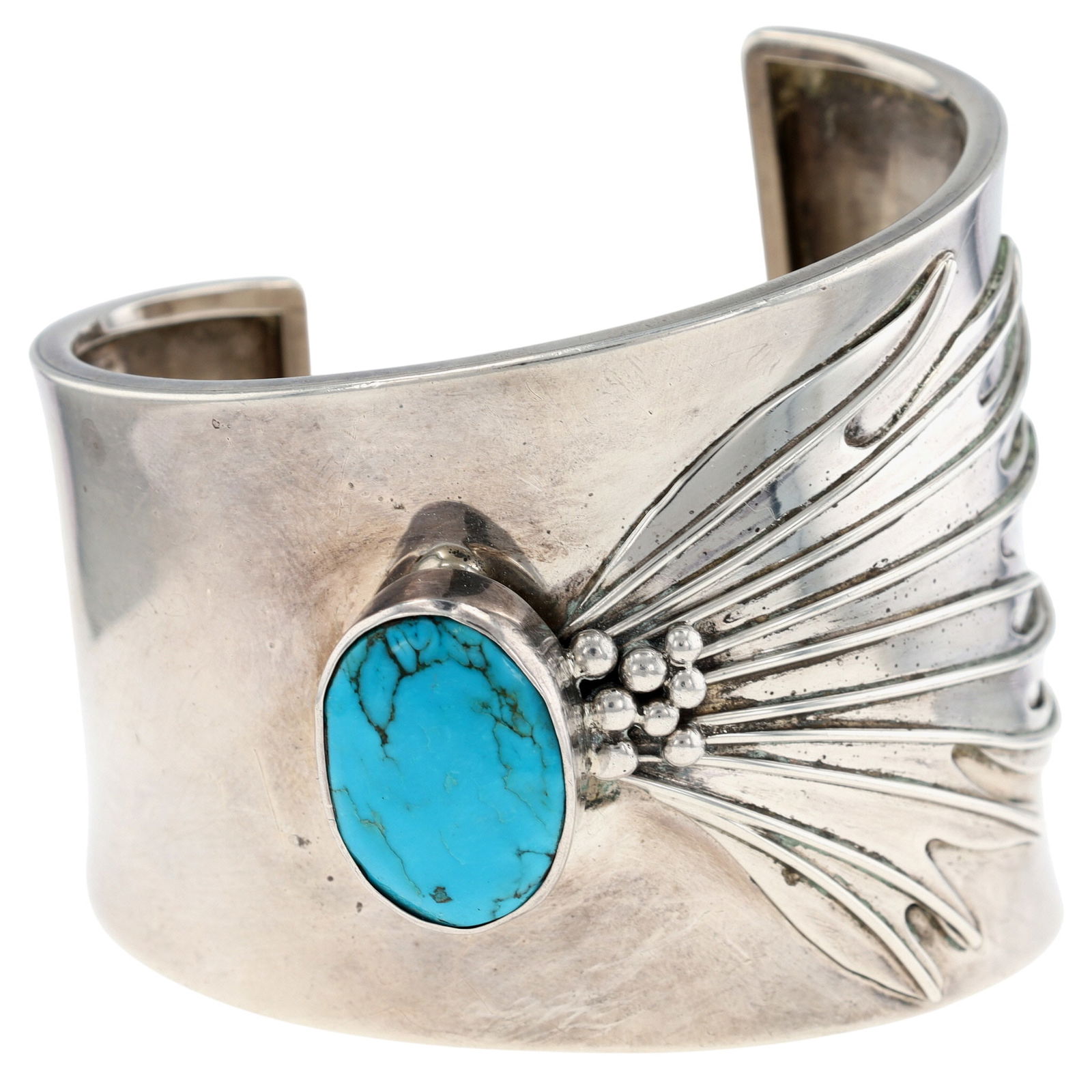 Carol Felley Anglo Turquoise Wide Cuff Bracelet: Carol Felley Anglo '87 Sterling and Turquoise Wide Cuff Bracelet - 70.6g - appears to also have artist signature pictomark - previous retail mark of $750