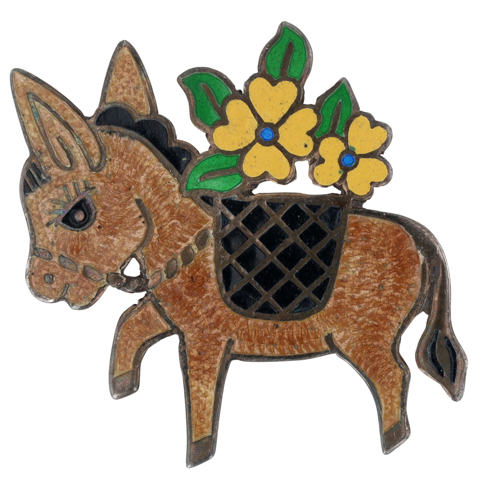 Jeronimo Fuentes Mexico Sterling Enamel Donkey Brooch: Vintage Jeronimo Fuentes Mexico Sterling Enamel Donkey and Flowers Brooch - 5.3g
