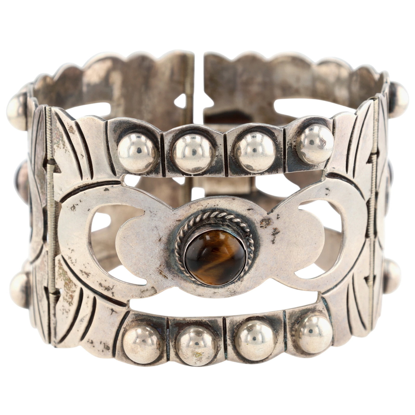 Signed Vintage Mexico Tigers Eye Pierced Panel Bracelet: Signed Vintage Mexico Sterling Tigers Eye Pierced Panel Bracelet - 85.5g - approx. 1.7" wide