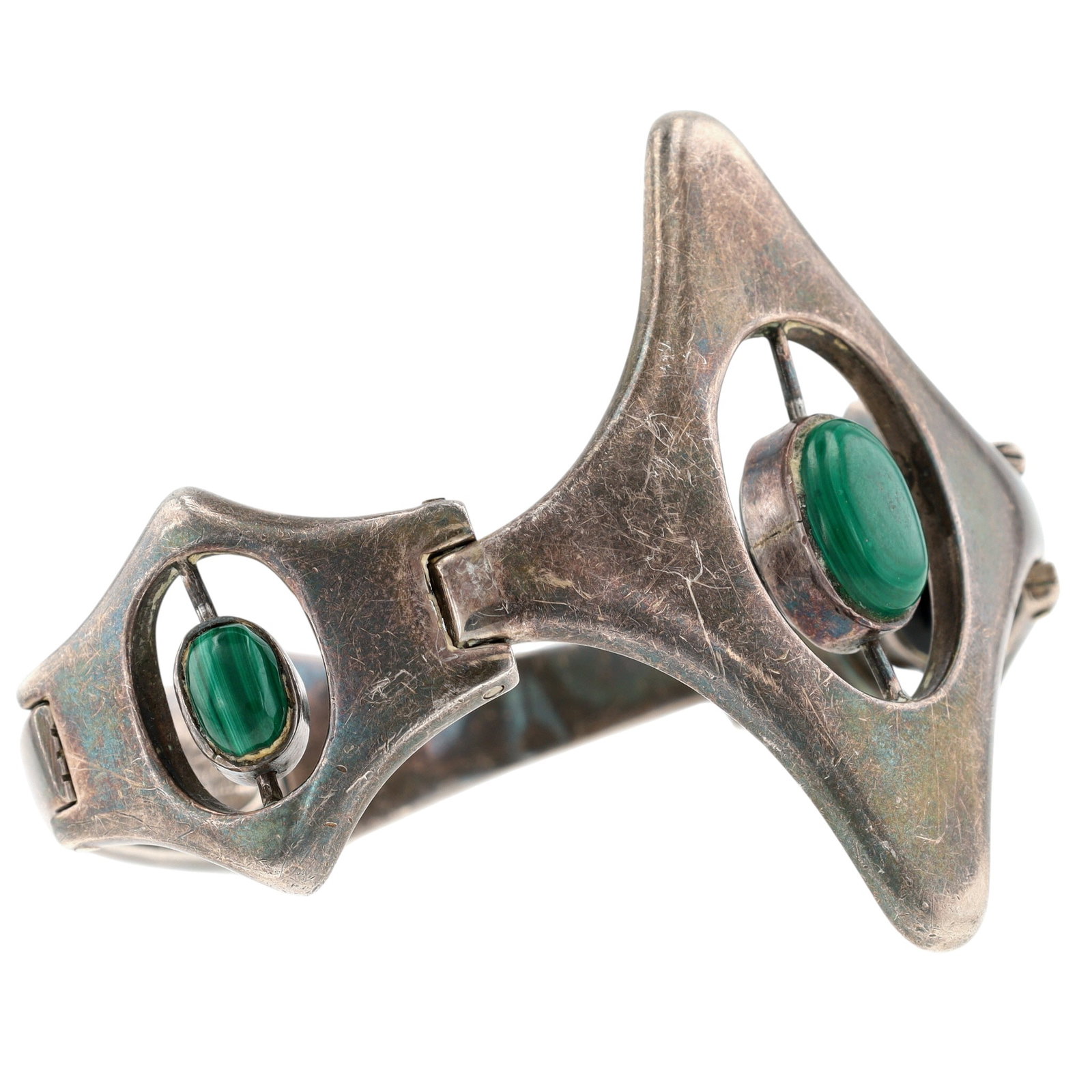 Miguel Pineda Taxco Reversible Spinner Hinge Bracelet: Vintage Miguel Pineda Taxco Sterling Onyx and Malachite Reversible Spinner Hinge Bracelet - 69.2g