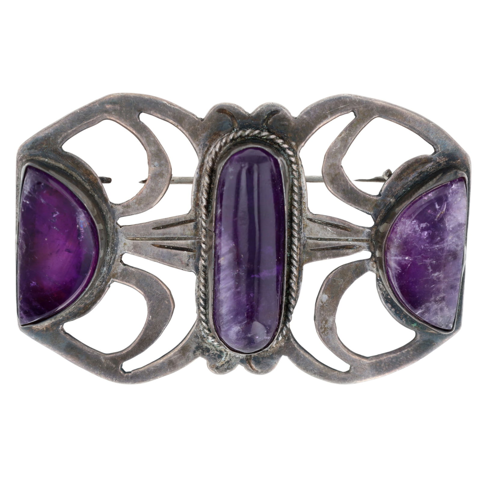 Vintage Spratling Era Sterling and Amethyst Brooch: Vintage Spratling Era (likely '40's-60's) Sterling Silver Amethyst Brooch - 26.9g - Note: outer amethyst cabs have wiggle but are secure in settings.