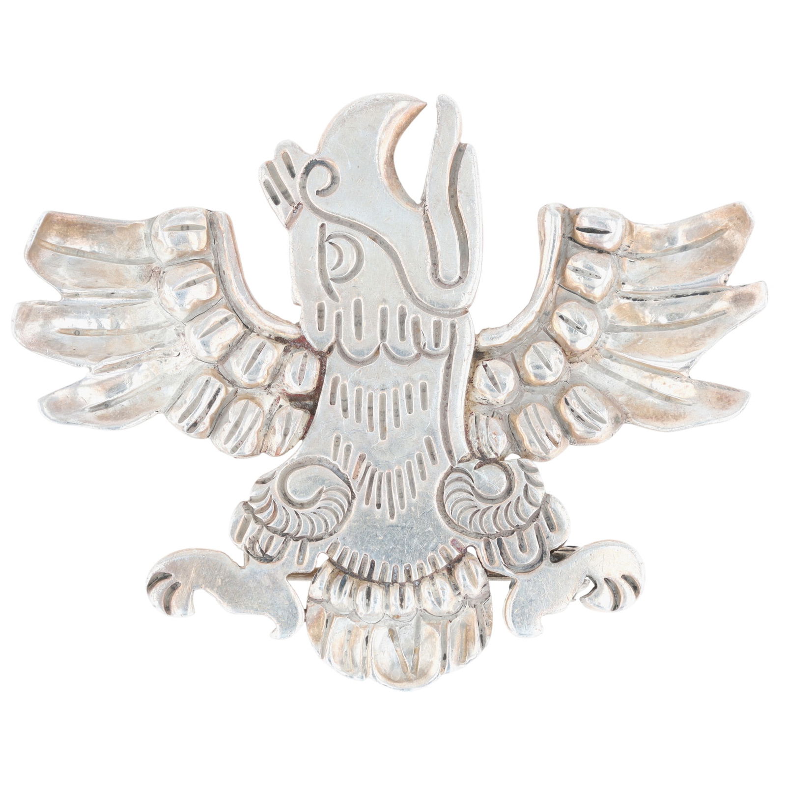 William Spratling First Design Period Sterling Aztec Eagle Brooch: William Spratling First Design Period (1931-1946) Sterling Aztec Eagle Brooch - 25.5g