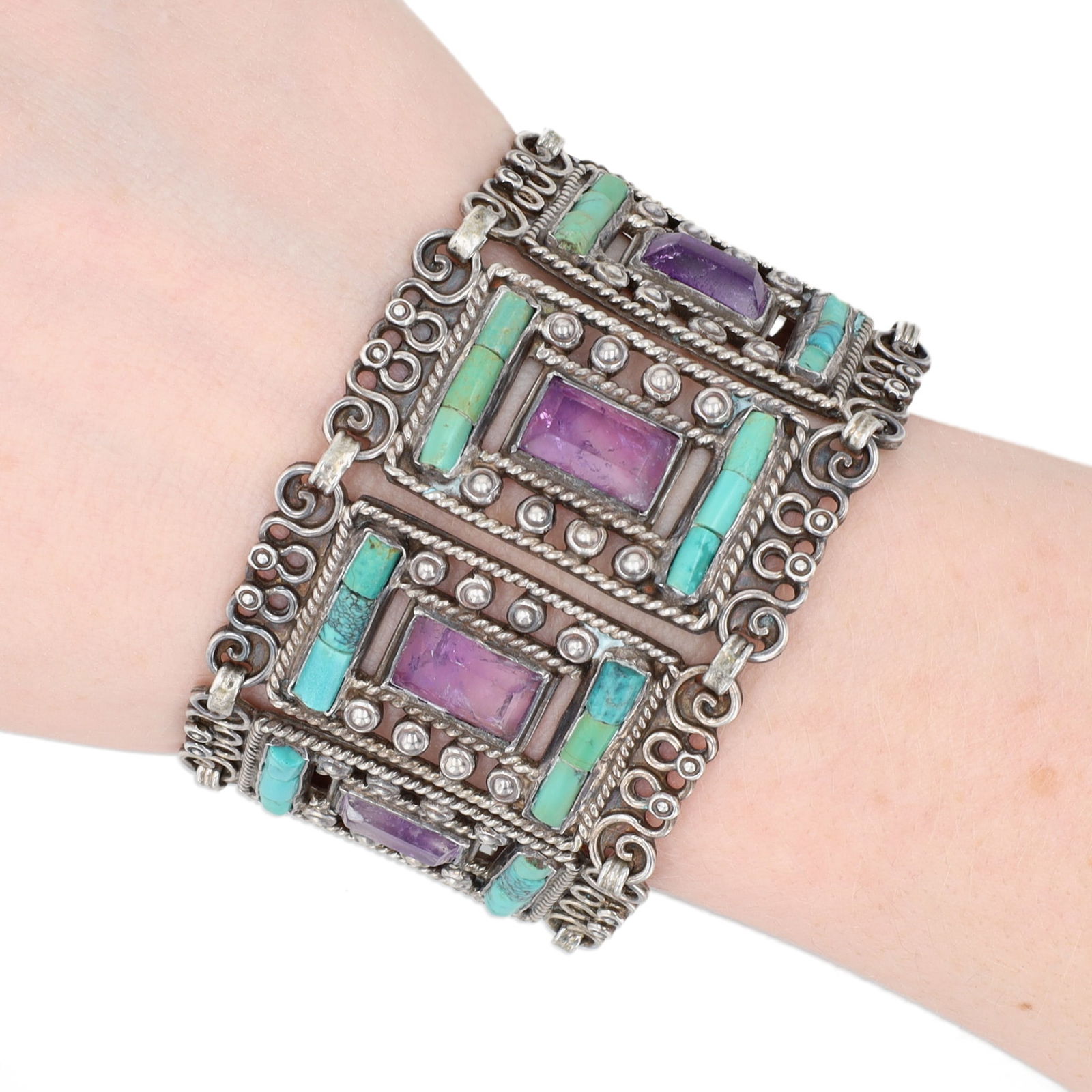 RARE Matilde Poulat MATL Amethyst and Turquoise Panel Bracelet: RARE: 1940's-50's Matilde Poulat MATL Sterling Amethyst and Turquoise Panel Bracelet - 85.7g - an absolutely stunning piece of art and history! Approx. 1.73" tall and 7.5" long.