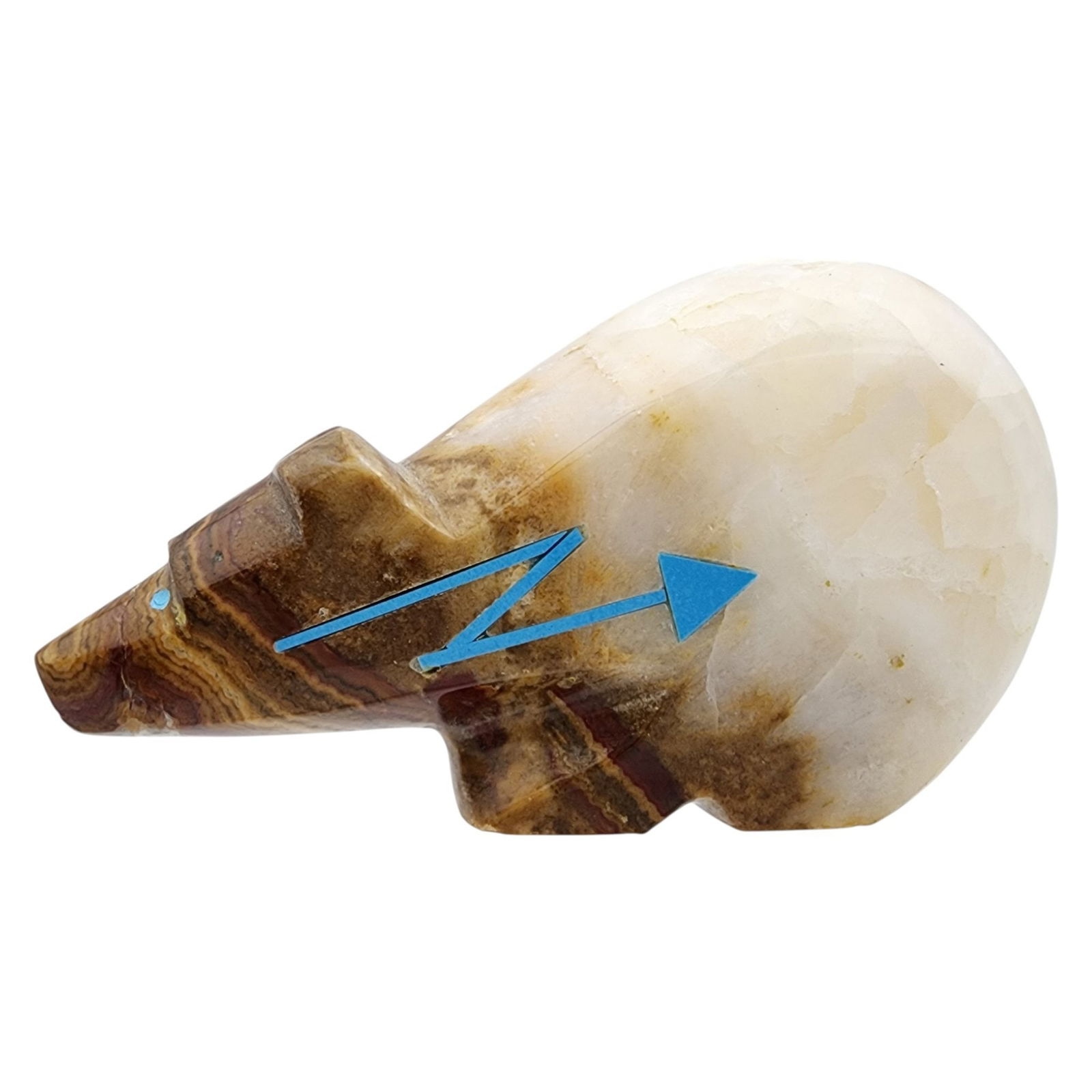 Clayton & Abby Panteah Zuni Banded Onyx and Inlaid Turquoise Heartline Bear Fetish: Clayton & Abby (Quam) Panteah Zuni Banded Onyx and Inlaid Turquoise Heartline Bear Fetish / Approximate Weight: 40g / Approximate measurements: 2.25" x .62" x .1.2" / Note 1: Signed CAP on foot / Note