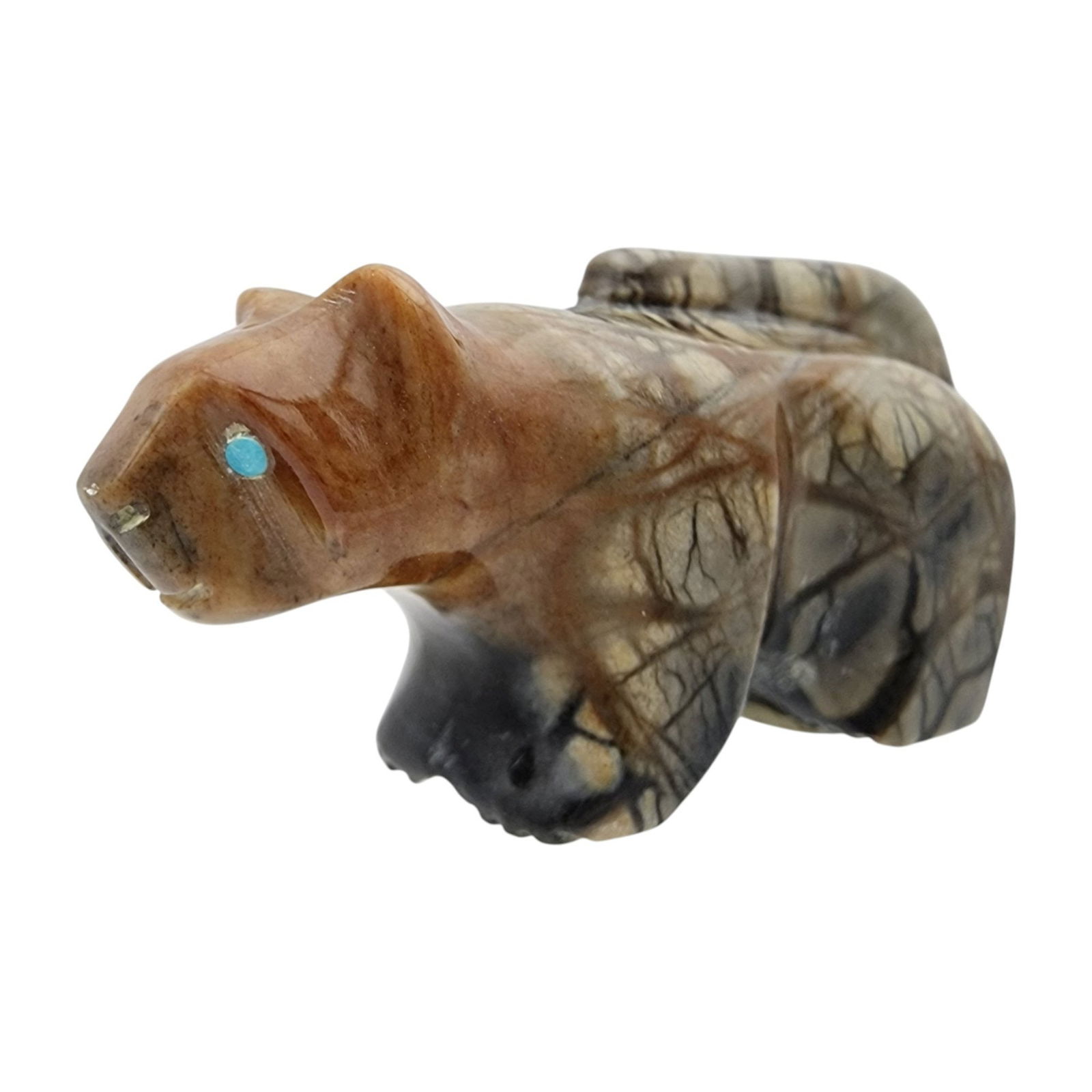 Bobelu Tsethlikai Zuni Picasso Marble Mountain Lion Fetish: Bobelu Tsethlikai Zuni Picasso Marble and Inlaid Turquoise Mountain Lion / Approximate Weight: 23g / Approximate measurements: 1.9" x .6" x .9" / Note 1: Purchased at Canyon Trading Post in 1994. Come