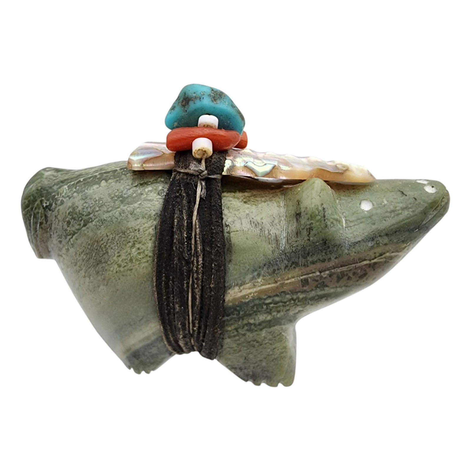Native American Serpentine, Coral, and Turquoise Offering Bear Fetish: Native American Serpentine?, Coral, and Turquoise Offering Bear Fetish / Approximate Weight: 79g / Approximate measurements: 2.6" x 1.1" x 1.9" / This item is part of an estate collection of Native