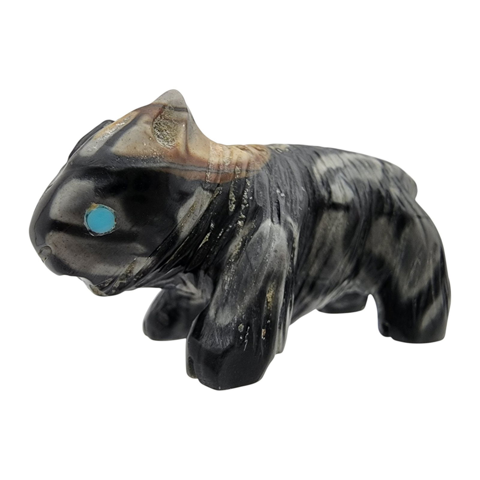 Native American Picasso Marble Mountain Cat Fetish: Native American Picasso Marble Mountain Cat? Fetish / Approximate Weight: 14g / Approximate measurements: 1.6" x .6" x .8" / This item is part of an estate collection of Native American fetishes,