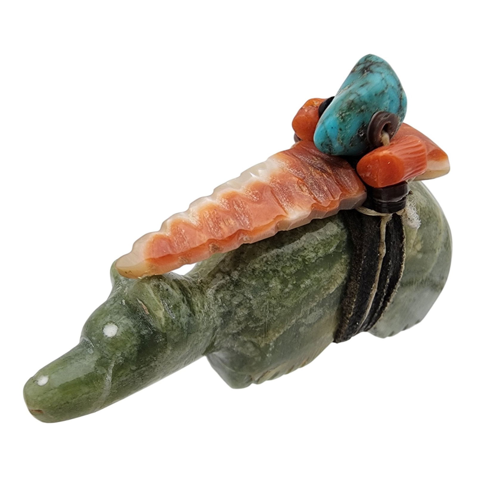 Native American Offering Badger Fetish: Native American Serpentine?, Turquoise, and Coral Arrowhead Offering Badger Fetish / Approximate Weight: 21g / Approximate measurements: 2" x .6" x 1.2 / This item is part of an estate collection of