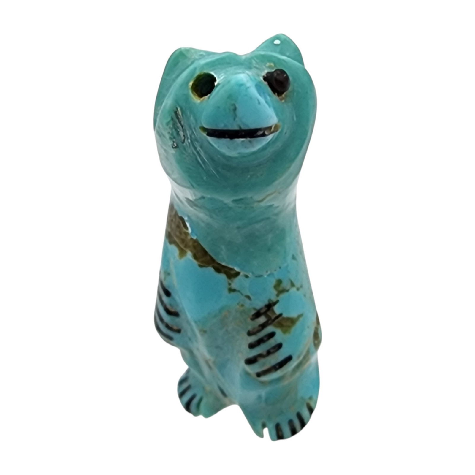 Claudia Peina Zuni Standing Turquoise Bear Fetish: Claudia Peina Zuni Standing Turquoise Bear Fetish / Approximate Weight: 7g / Approximate measurements: 1.4" x .5" / Note 1: Signed on foot of bear / Note 2: Missing one eye / This item is part of an e