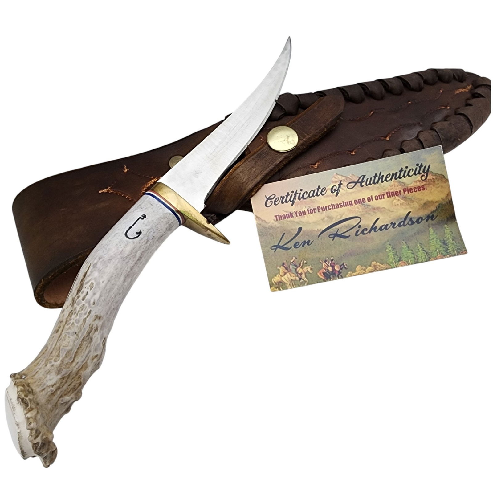 Ken Richardson Handmade Carved Antler Knife: Southwestern Ken Richardson Handmade Carved Antler Knife and Coordinating Handstamped Leather Sheath / Handle portion is approximately 5" and knife blade is approximately 4.5" - total knife