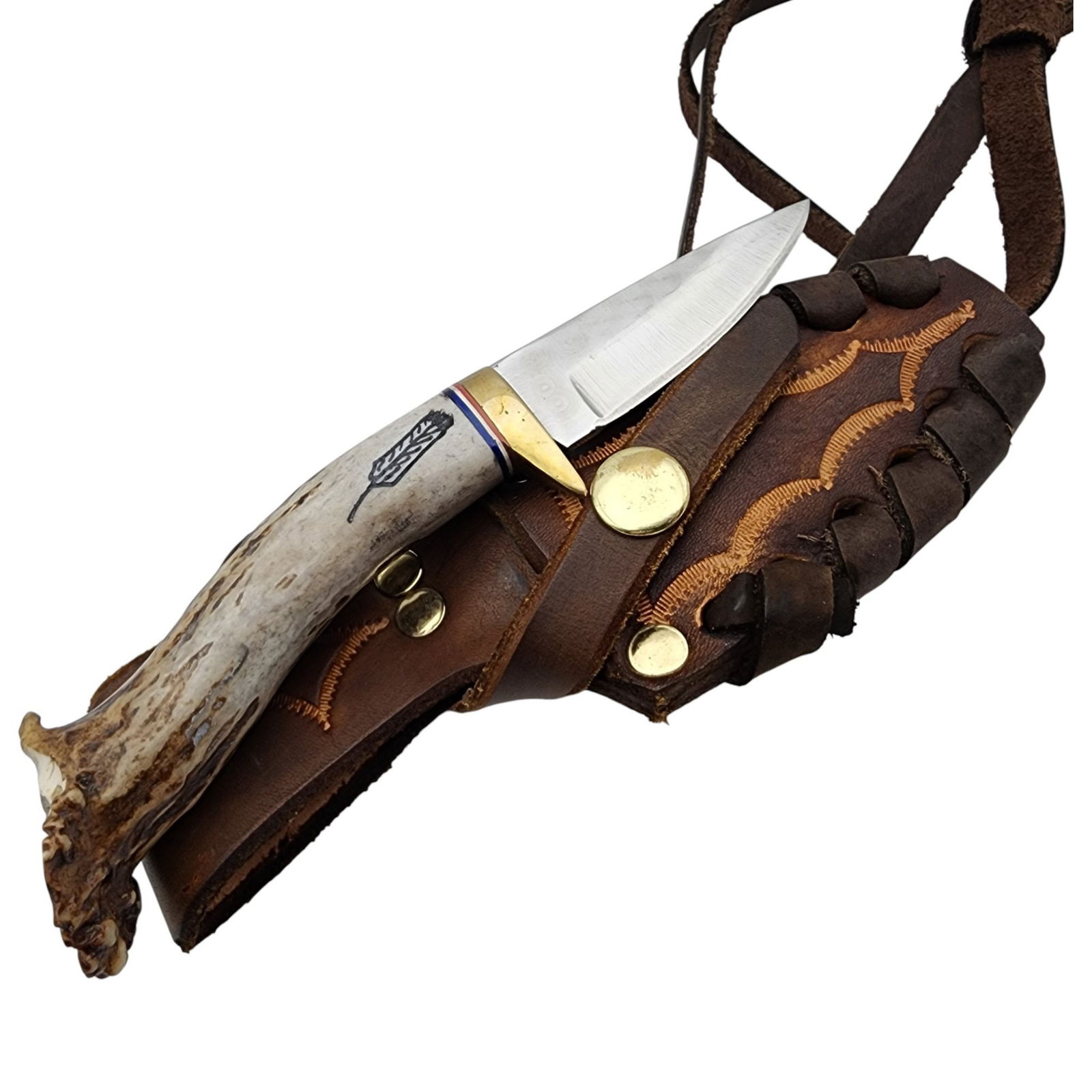 Ken Richardson Handmade Carved Antler Knife: Southwestern Ken Richardson Handmade Carved Antler Knife and Coordinating Handstamped Leather Sheath / Handle portion is approximately 4" and knife blade is approximately 2.5" - total knife