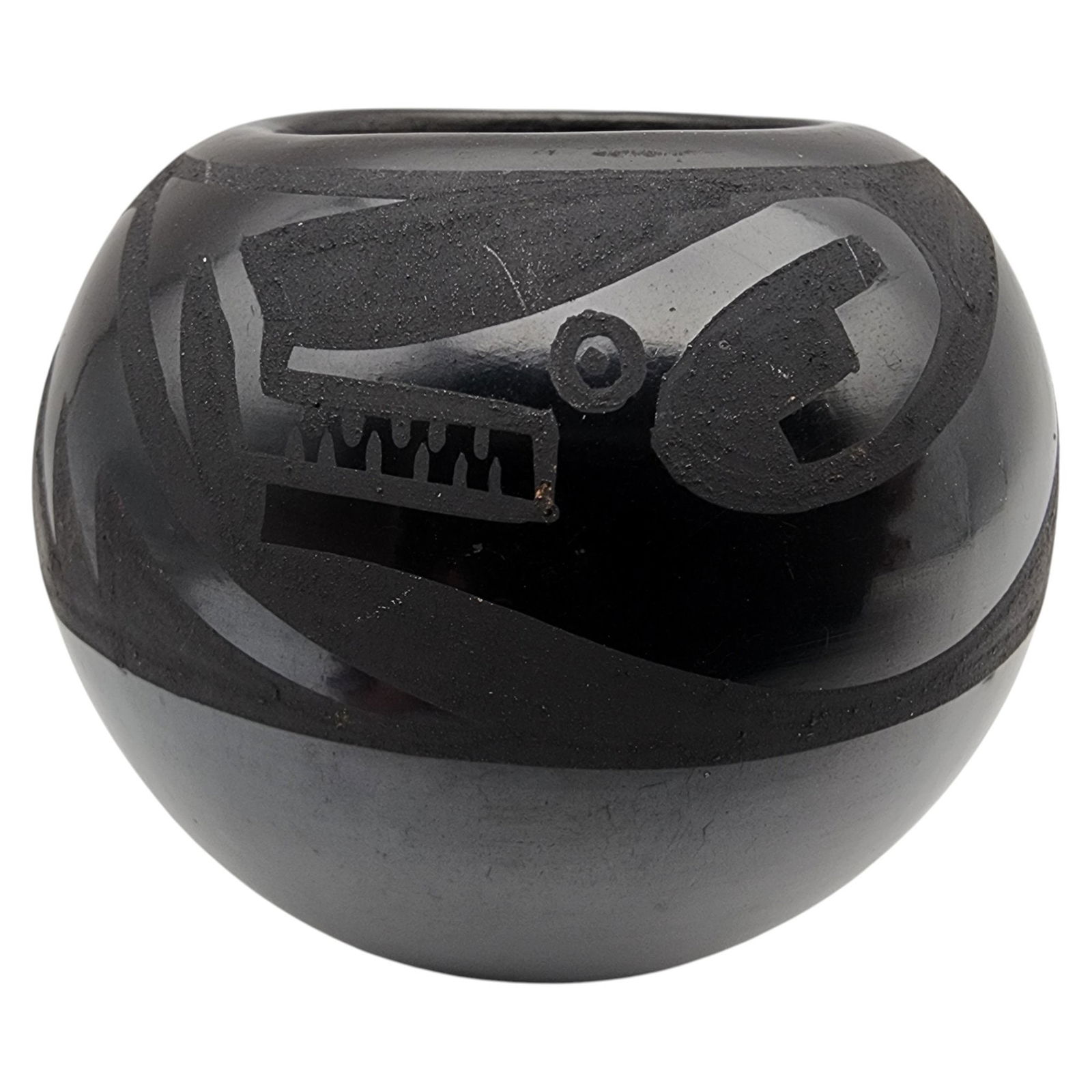 Kathy Gutierrez San Ildefonso Pueblo Serpent Pottery Bowl: Kathy N. Gutierrez San Ildefonso Pueblo Native American Serpent Black on Black Pottery Bowl / 175g / Approx. 2.3"h x 2.7"d / Note 1: This piece was purchased at Popovi da Studio of Indian Arts in the