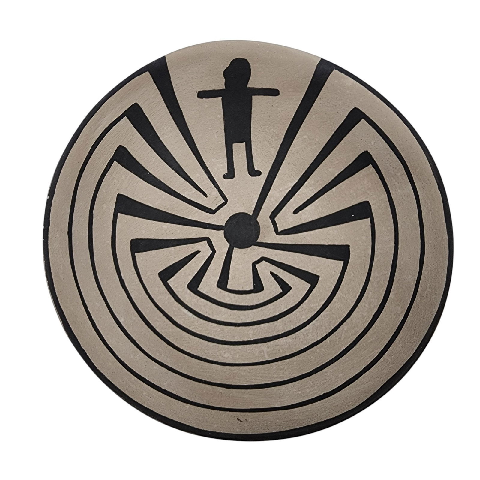 Martha Martinez de Dominguez Mata Ortiz Man in the Maze Pottery Dish: Martha Martinez de Dominguez Mata Ortiz Man in the Maze Pottery Dish / 42g / .9" x 3.6" / This item is part of an estate collection of Native American fetishes, pottery, baskets, and rugs acquired by