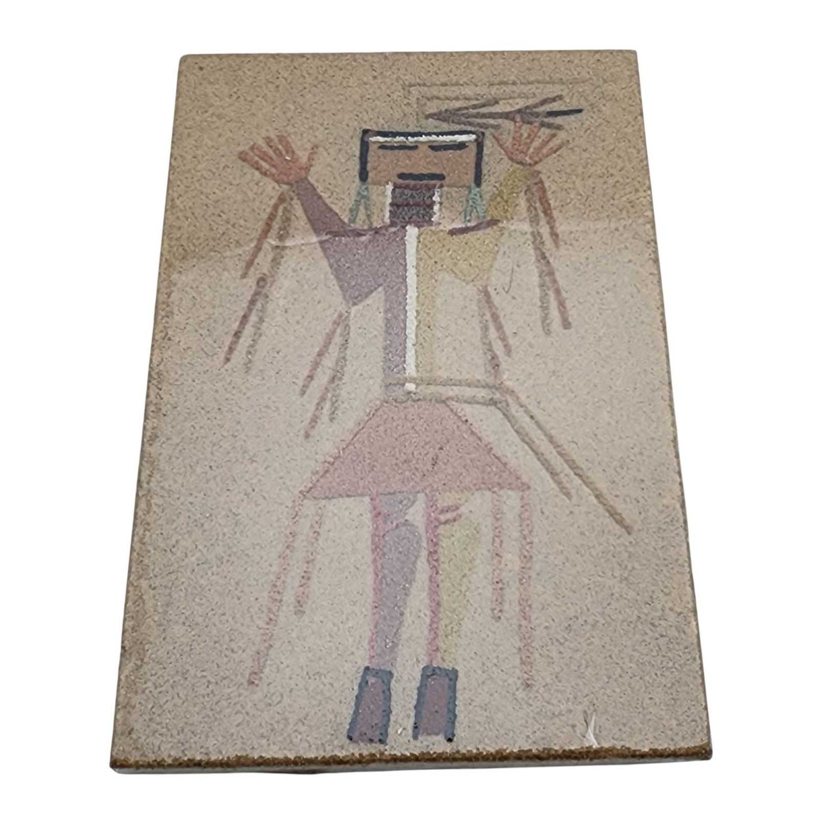 Edward Curtis Navajo Healing Hand Sandpainting: Vintage Edward Curtis Navajo Healing Hand Sandpainting / 122g / 4"x6" / Created by well-known Navajo artist, Edward Curtis. The back is inscribed with what appears to say: " Healing Hand: This sand