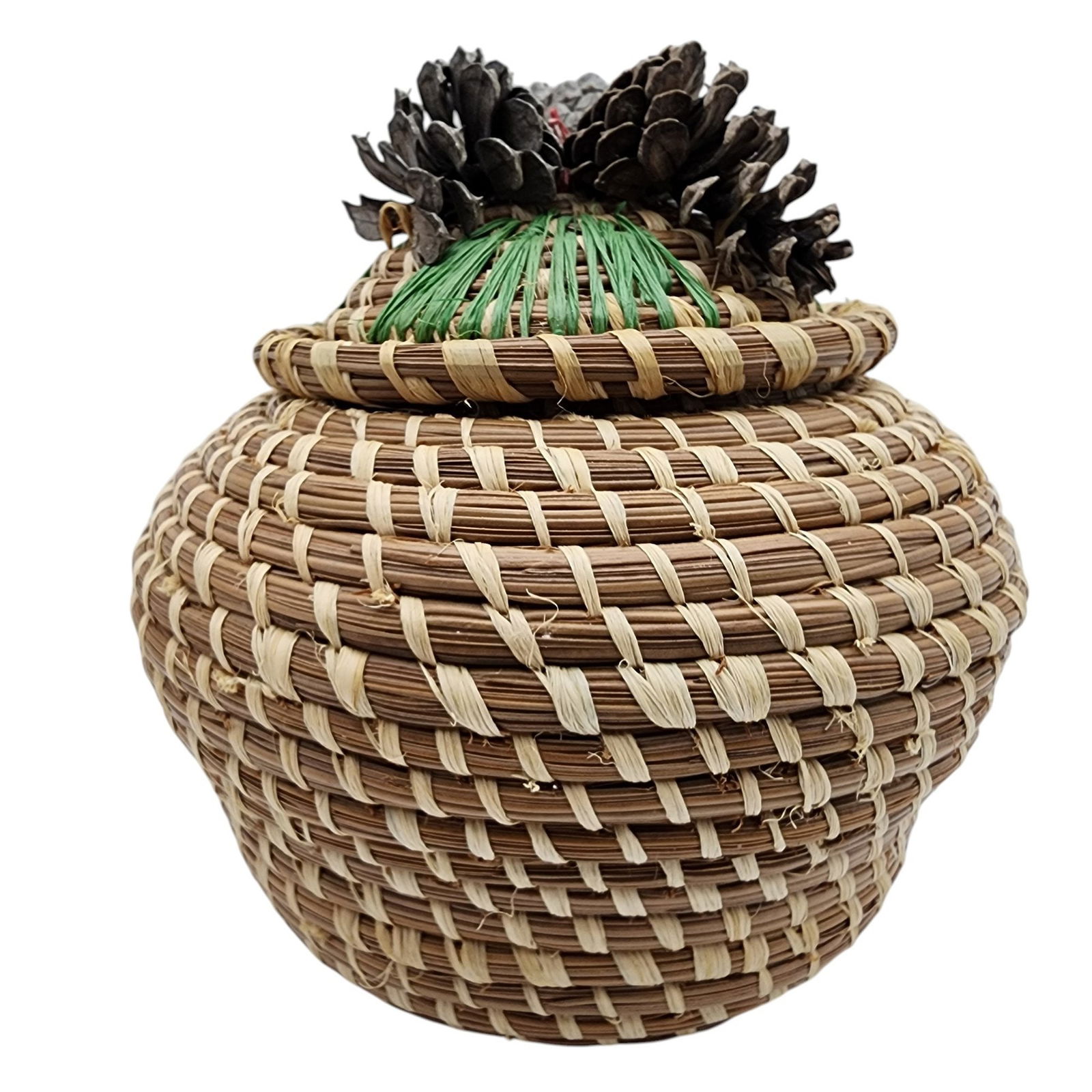 Poarch Creek Indians Pine Cone Lidded Basket by Nina Gail Thrower: Poarch Band of Creek Indians Pine Cone Lidded Basket by Nina Gail Thrower, 1986 / 124g / 4.8" x 5"d / Comes with tag given at time of purchase. Please familiarize yourself with our non-jewelry