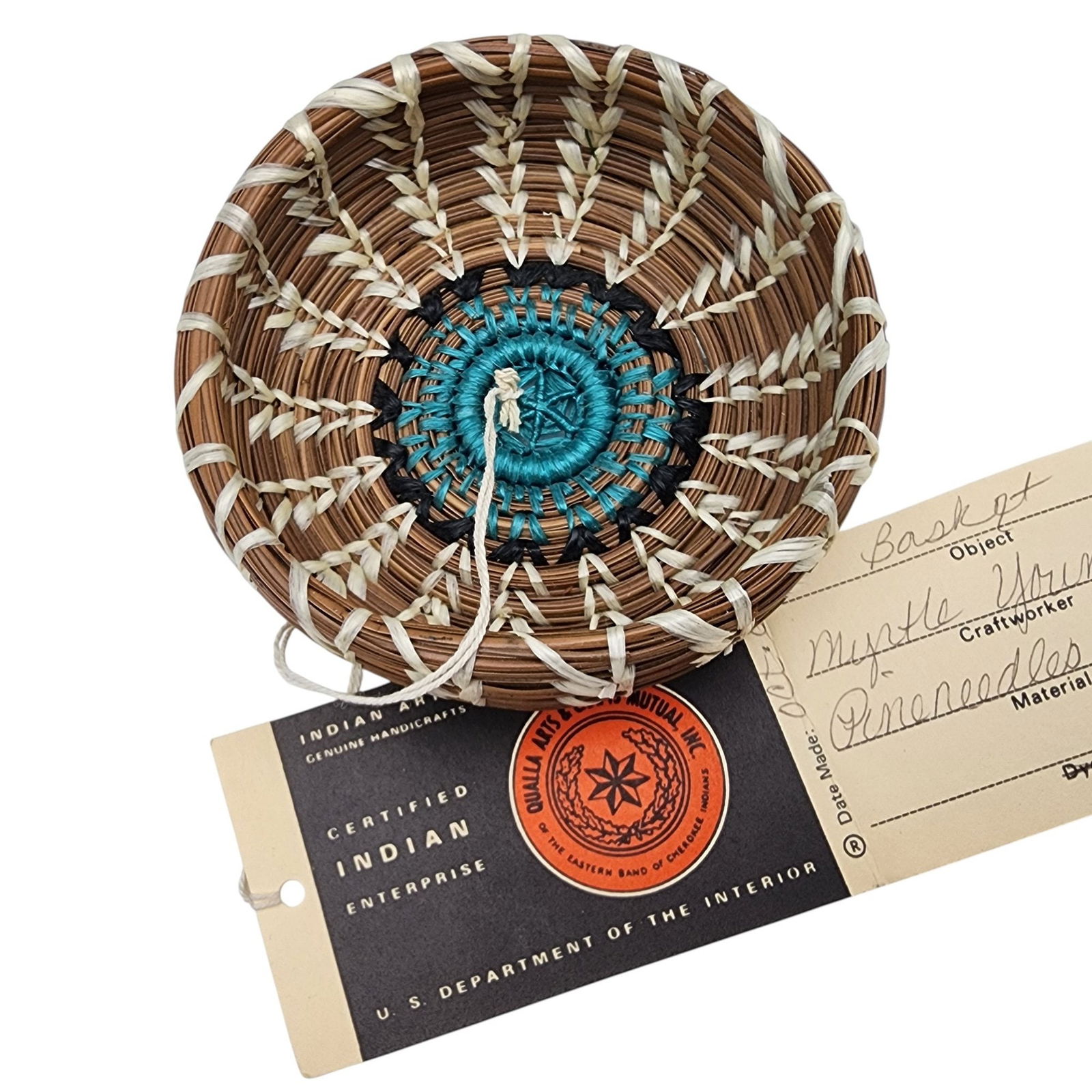 Native American Pine Needle Basket by Myrtle Youngbird, Cherokee Indian: Gorgeous! Native American Pine Needle Basket by Myrtle Youngbird (Wife of award-winning Edmund Youngbird), Cherokee Indian, Made in October of 1983, purchased from Qualla Arts & Crafts / 28g / 1.33"h