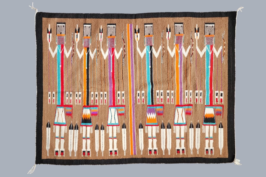 Vintage Genuine Navajo Handmade Yei be Chei Wool Blanket, 53" x 72": Vintage Genuine Navajo Indian Handmade Yei be Chei Wool Rug, 53" x 72" / The original "Genuine Navajo Indian Rug" tag from time of purchase is attached to the rug. Tag information states that it was