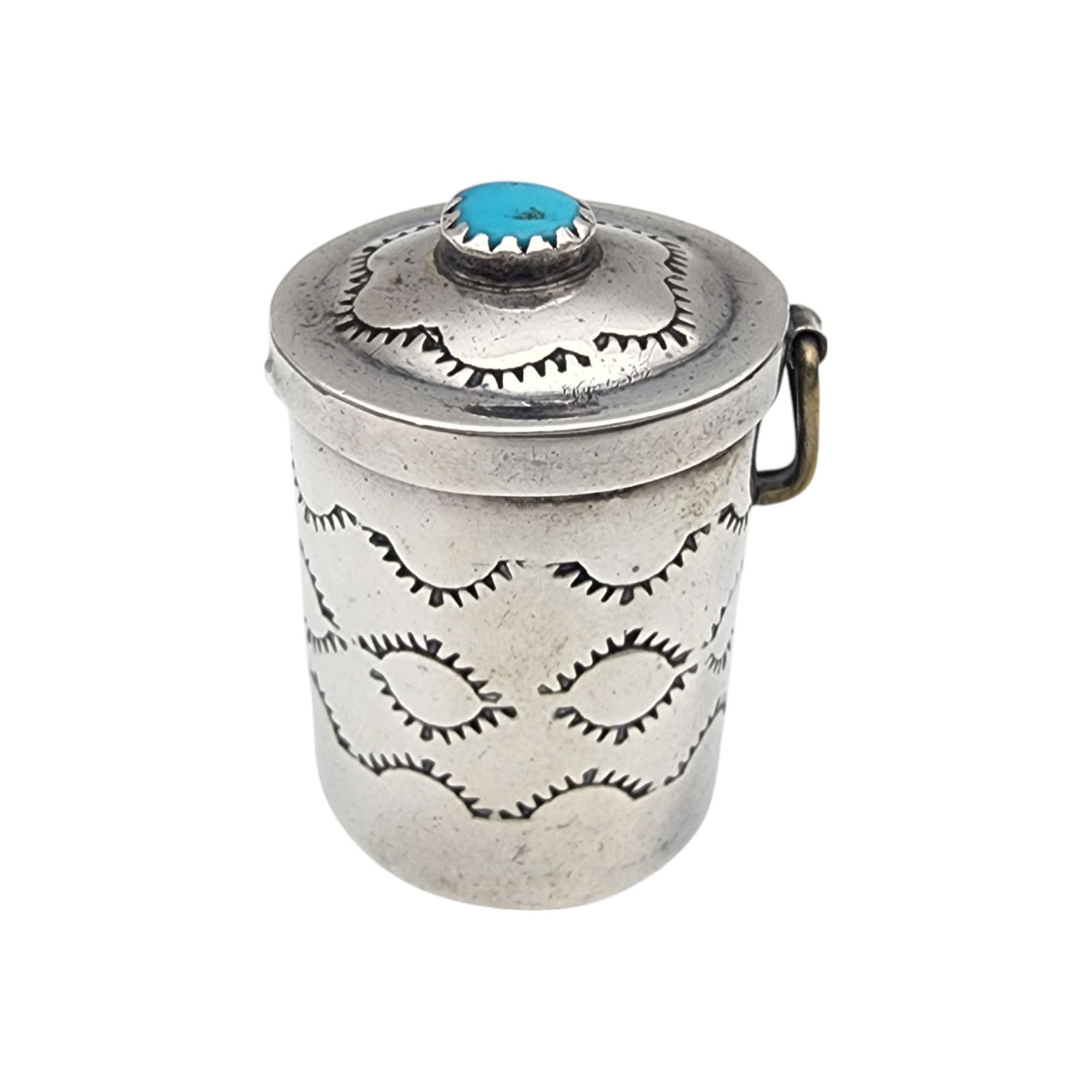 Cecil Sanders Navajo Sterling Turquoise Cylinder Pill Box: Cecil Sanders Navajo Sterling Stamped Turquoise Cylinder Pill Box | 8.4g