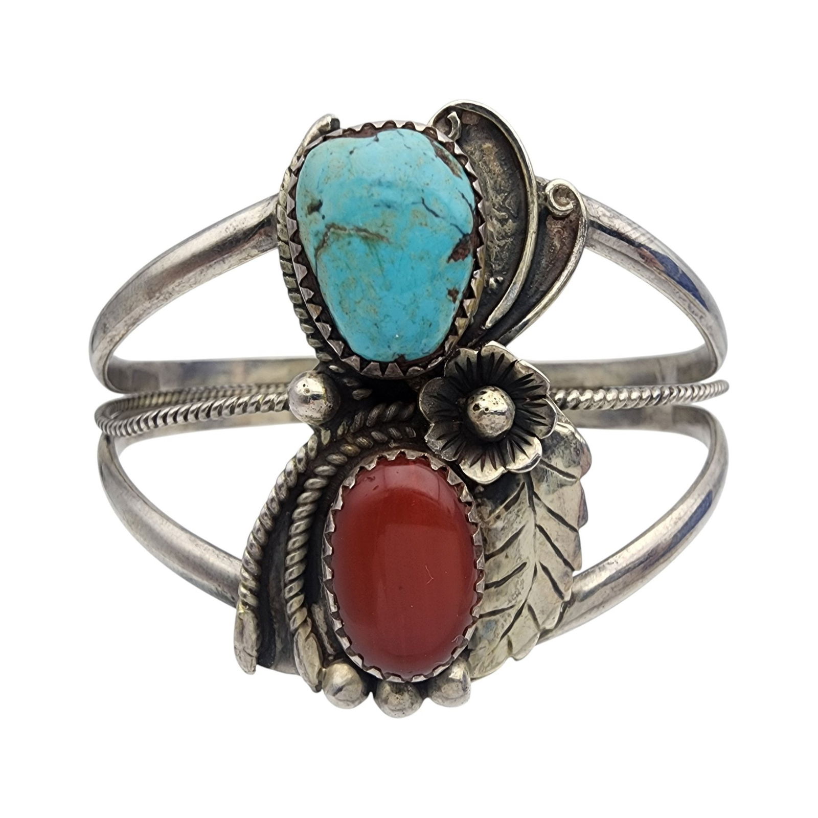 Vintage Navajo Turquoise and Coral Cuff Bracelet: Vintage Navajo Sterling Turquoise and Coral Cuff Bracelet - 32.6g