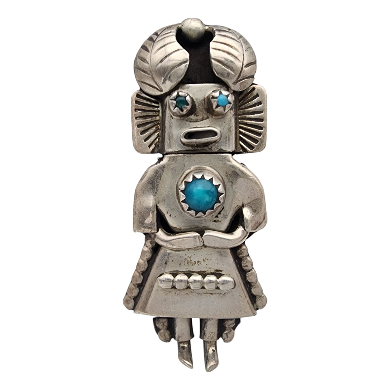 Orville Manygoats Navajo Sterling Turquoise Kachina Doll Pendant Brooch: Orville Manygoats Navajo Sterling Turquoise Kachina Doll Pendant Brooch | 7.8g