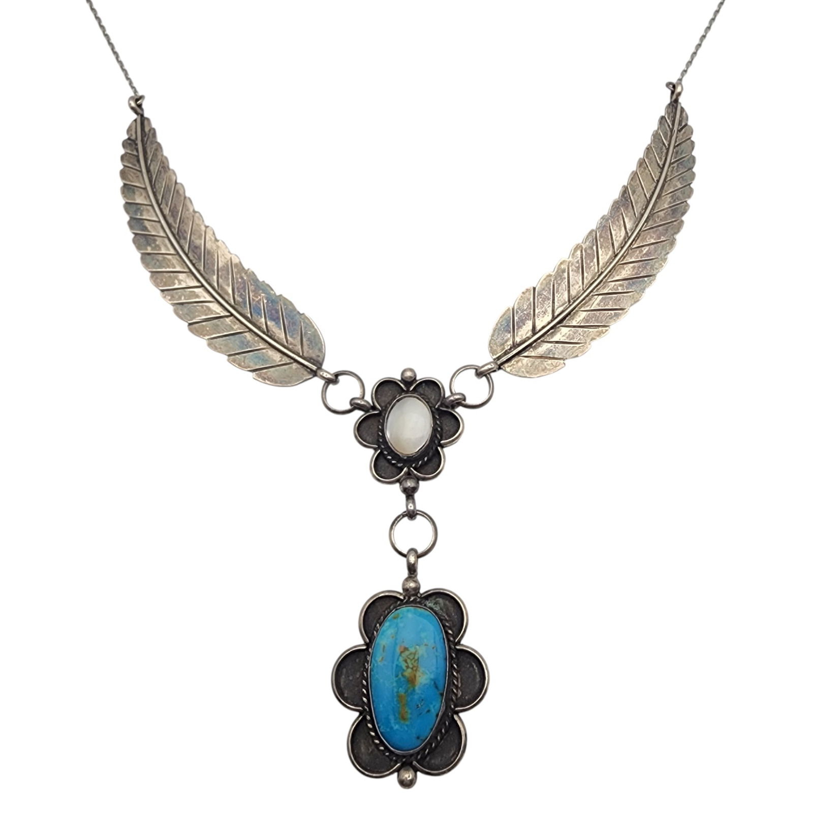 Steven Apache Navajo Sterling Turquoise Feather Necklace (1 of 7)