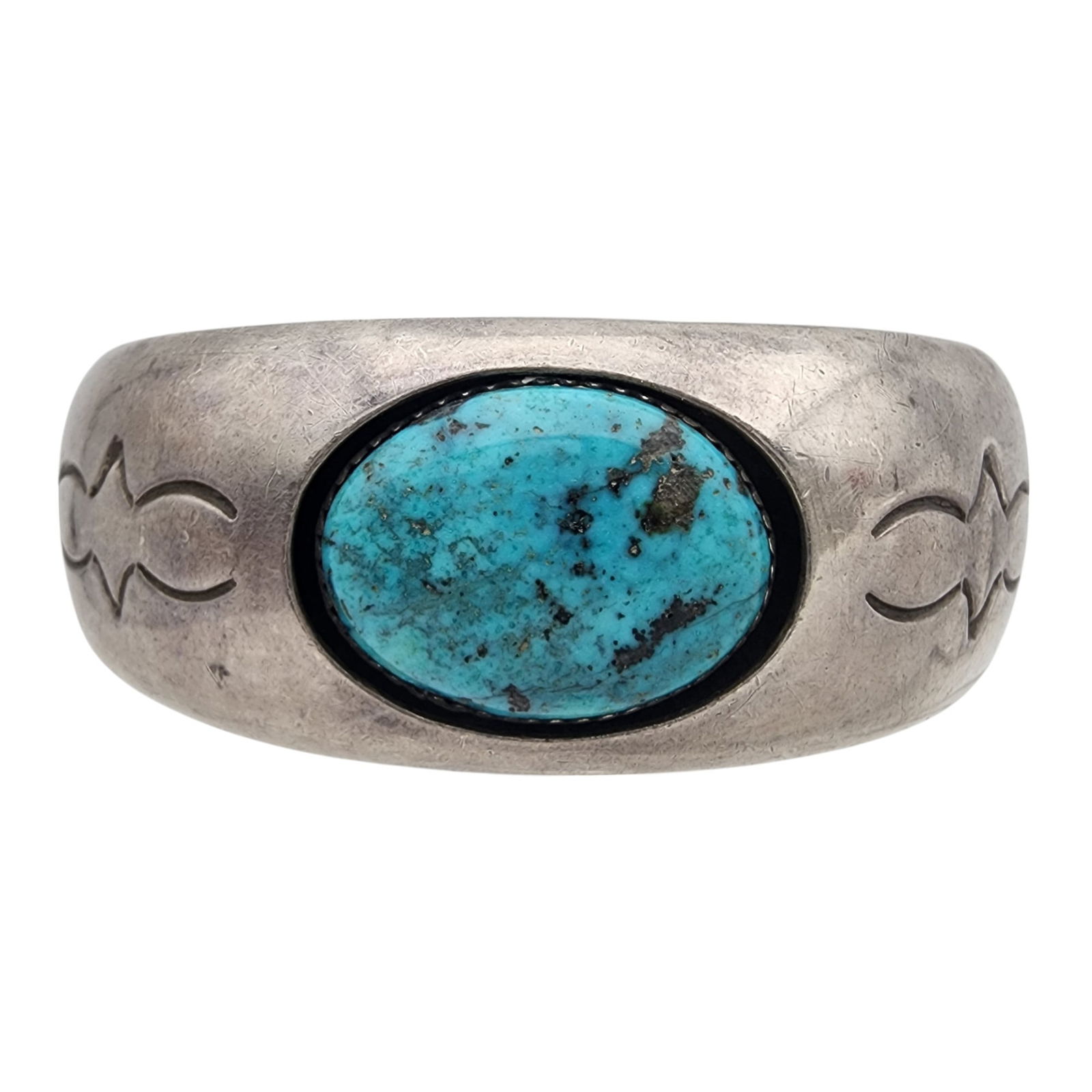 Dan A. Jackson Navajo Sterling Turquoise Stamped Cuff Bracelet: Dan A. Jackson Navajo Sterling Turquoise Stamped Cuff Bracelet | 48.2g