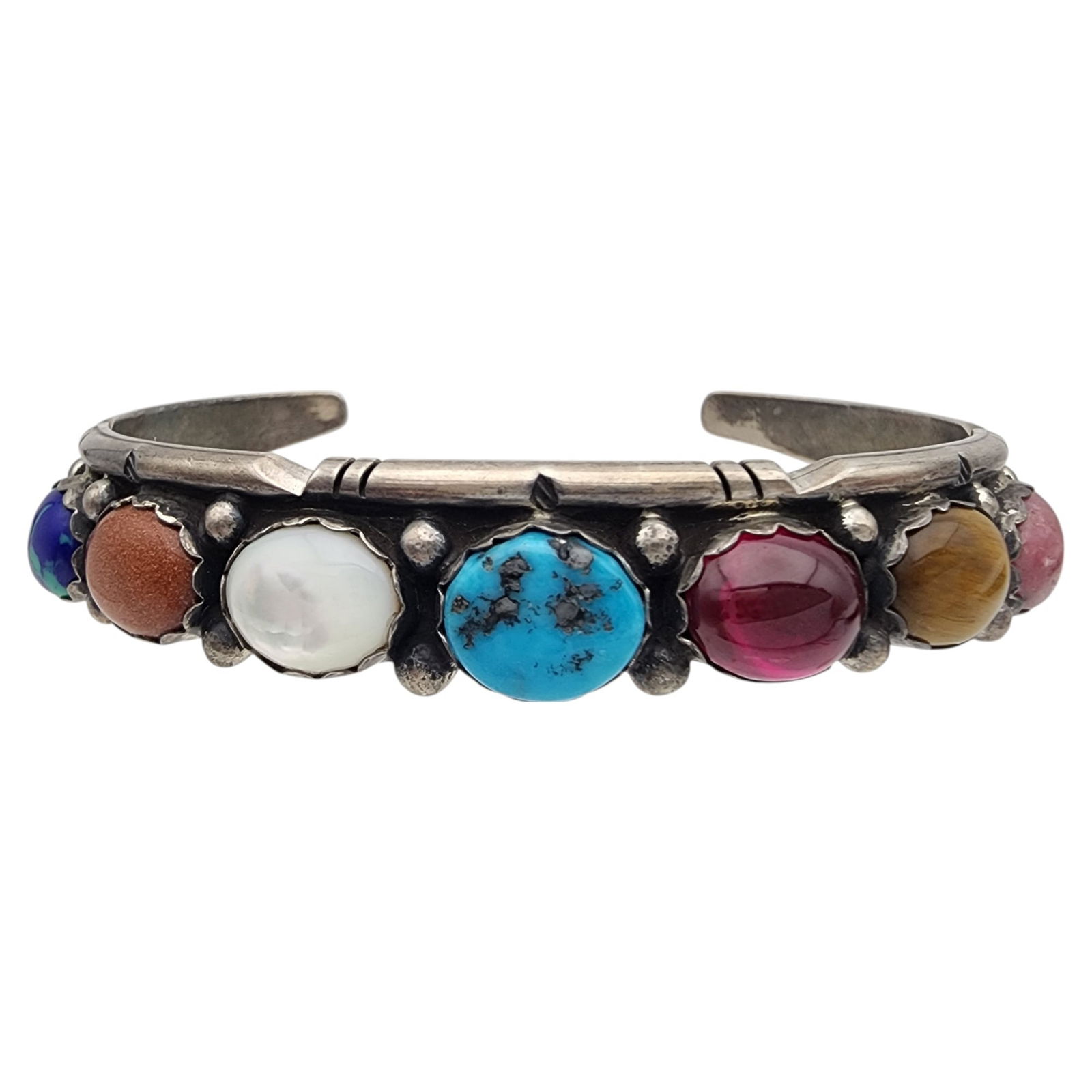 Signed Navajo Sterling Multistone Cuff Bracelet: Signed RG Navajo Sterling Multistone (Turquoise, Goldstone, Azurite, Mother of Pearl, Tigers Eye, Rhodochrosite, etc.) Cuff Bracelet | 24.7g