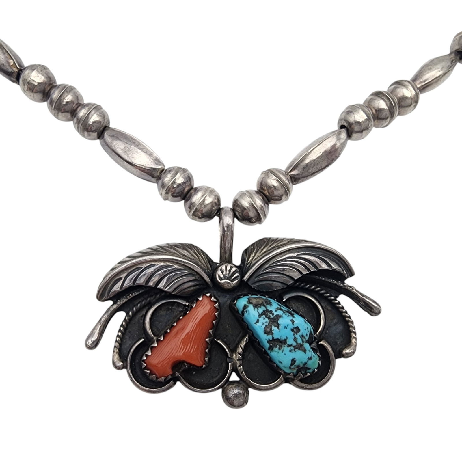 Signed Navajo Sterling Turquoise Coral Bead Necklace: Hand Signed JC? Navajo Sterling Turquoise Coral Bead Necklace | 23.7g, note- one of the melon beads has dimples in the bead - see photos