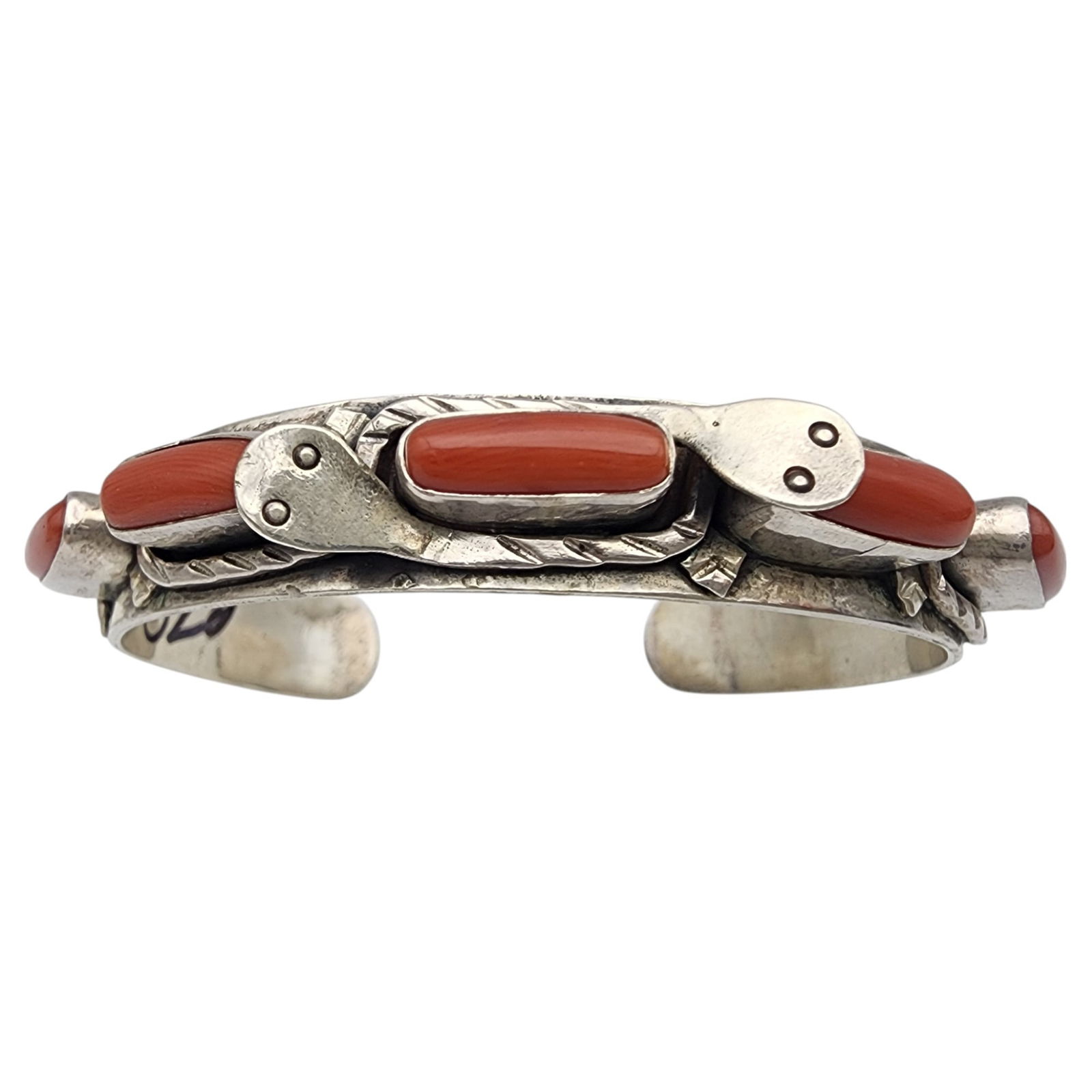Navajo Sterling Coral and Snake Stamped Cuff Bracelet: Navajo (or Zuni?) Sterling Coral and Snake Stamped Cuff Bracelet | 34.4g