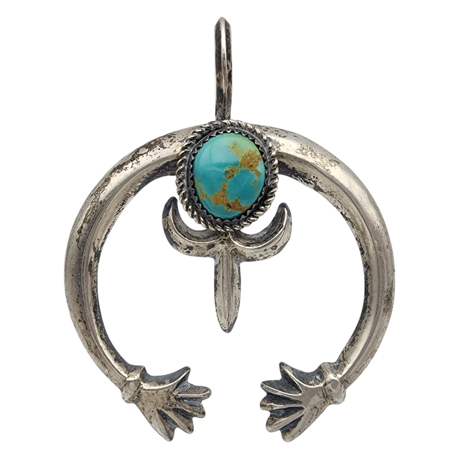 Signed Navajo Sterling Turquoise Sandcast Naja Pendant: Signed PR Navajo Sterling Turquoise Sandcast Naja Pendant 28.7g