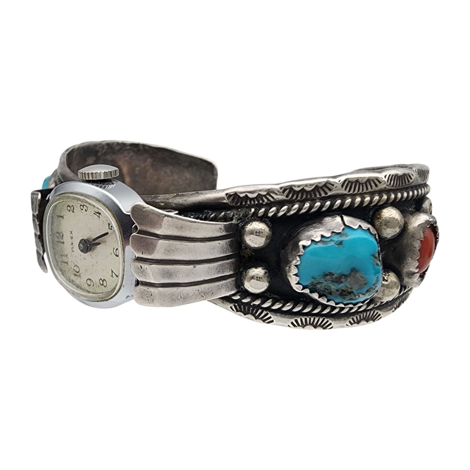 Signed Navajo Sterling Turquoise Coral Watch Cuff Bracelet: Vintage Signed HT/TH Navajo Sterling Turquoise Coral Watch Cuff Bracelet | 37.6g | Unknown working condition of watch mechanism, likely needs battery